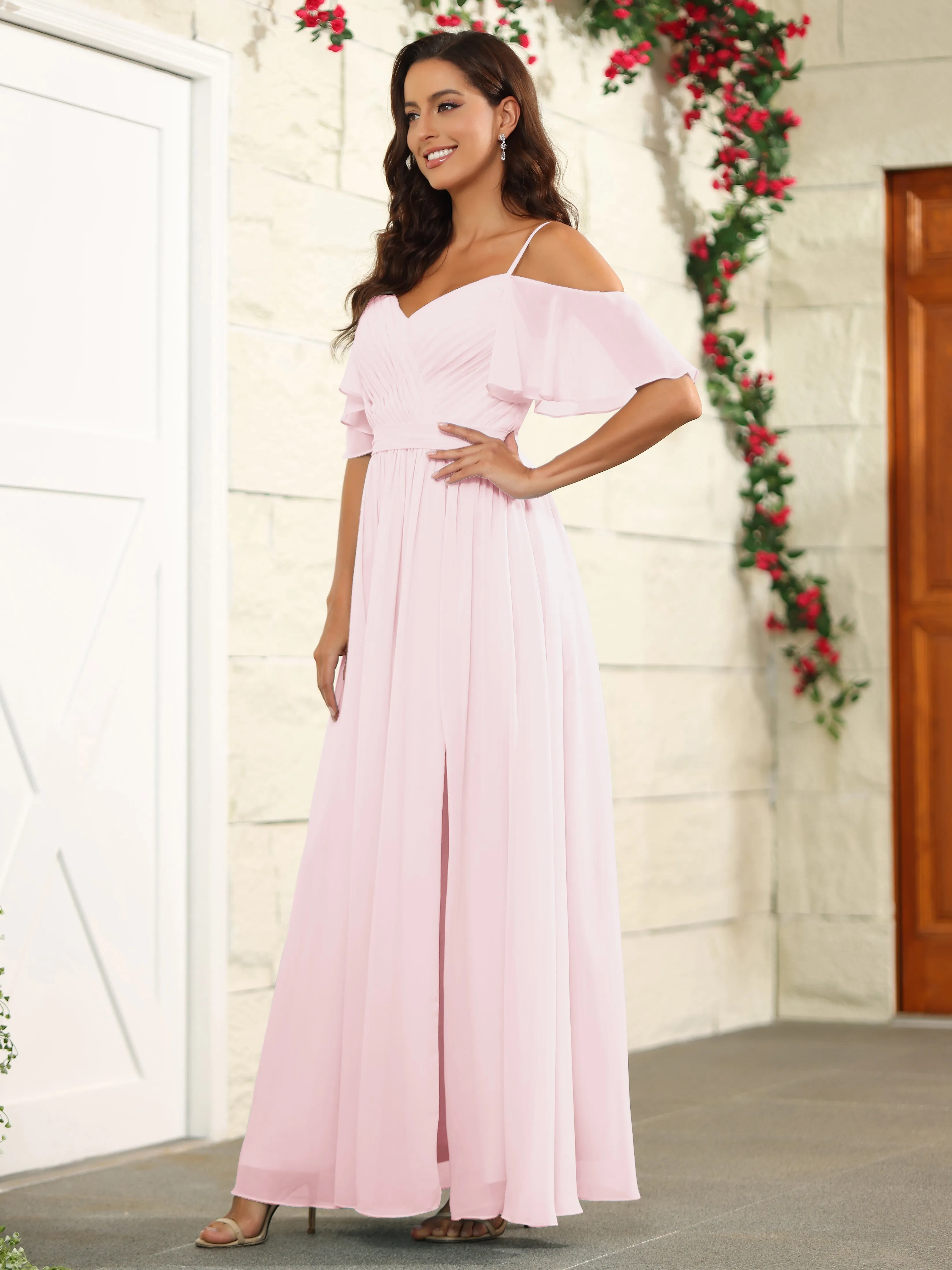 A Line Off The Shoulder Chiffon Long Bridesmaid Dress with Slit
