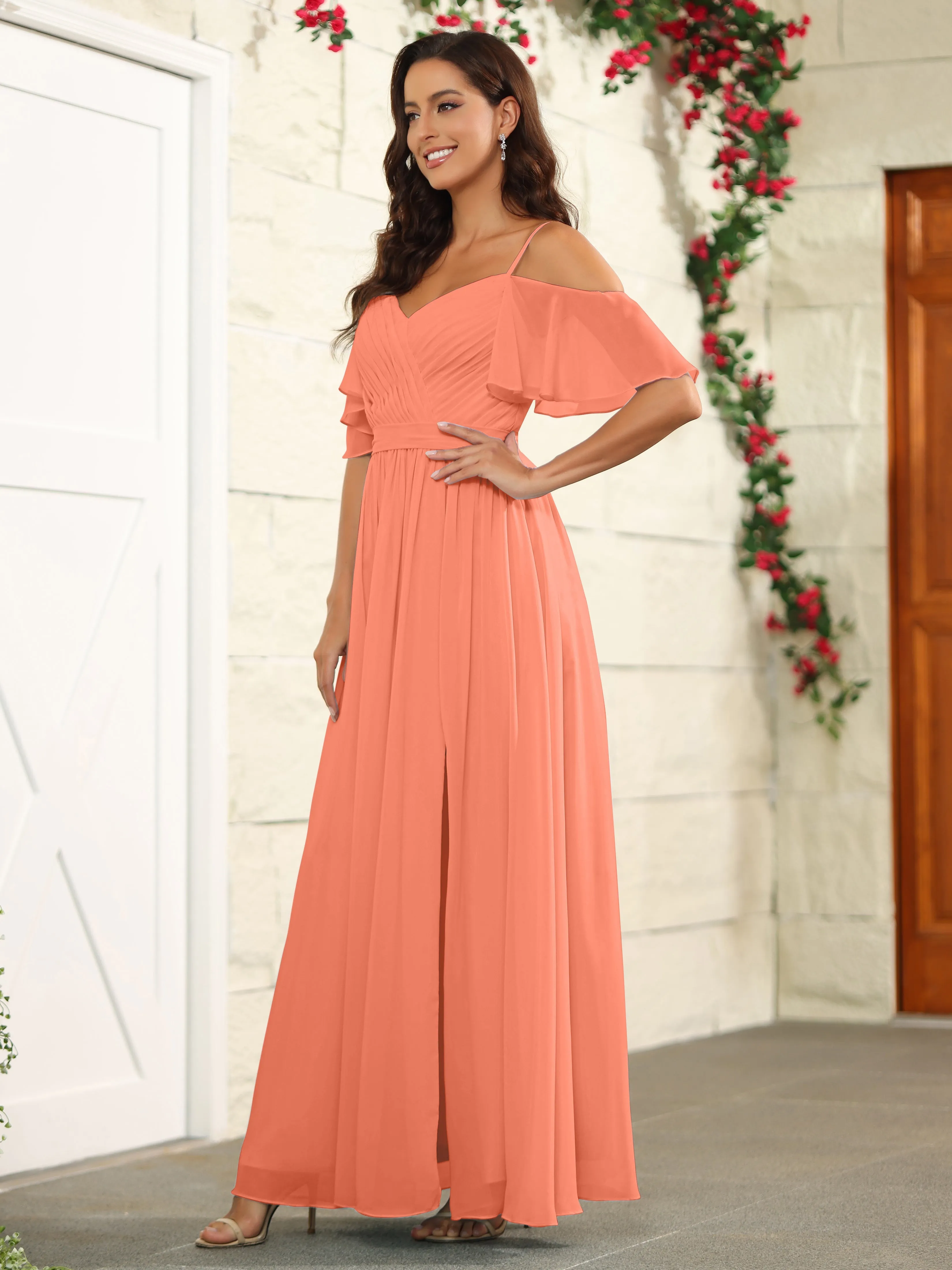 A Line Off The Shoulder Chiffon Long Bridesmaid Dress with Slit