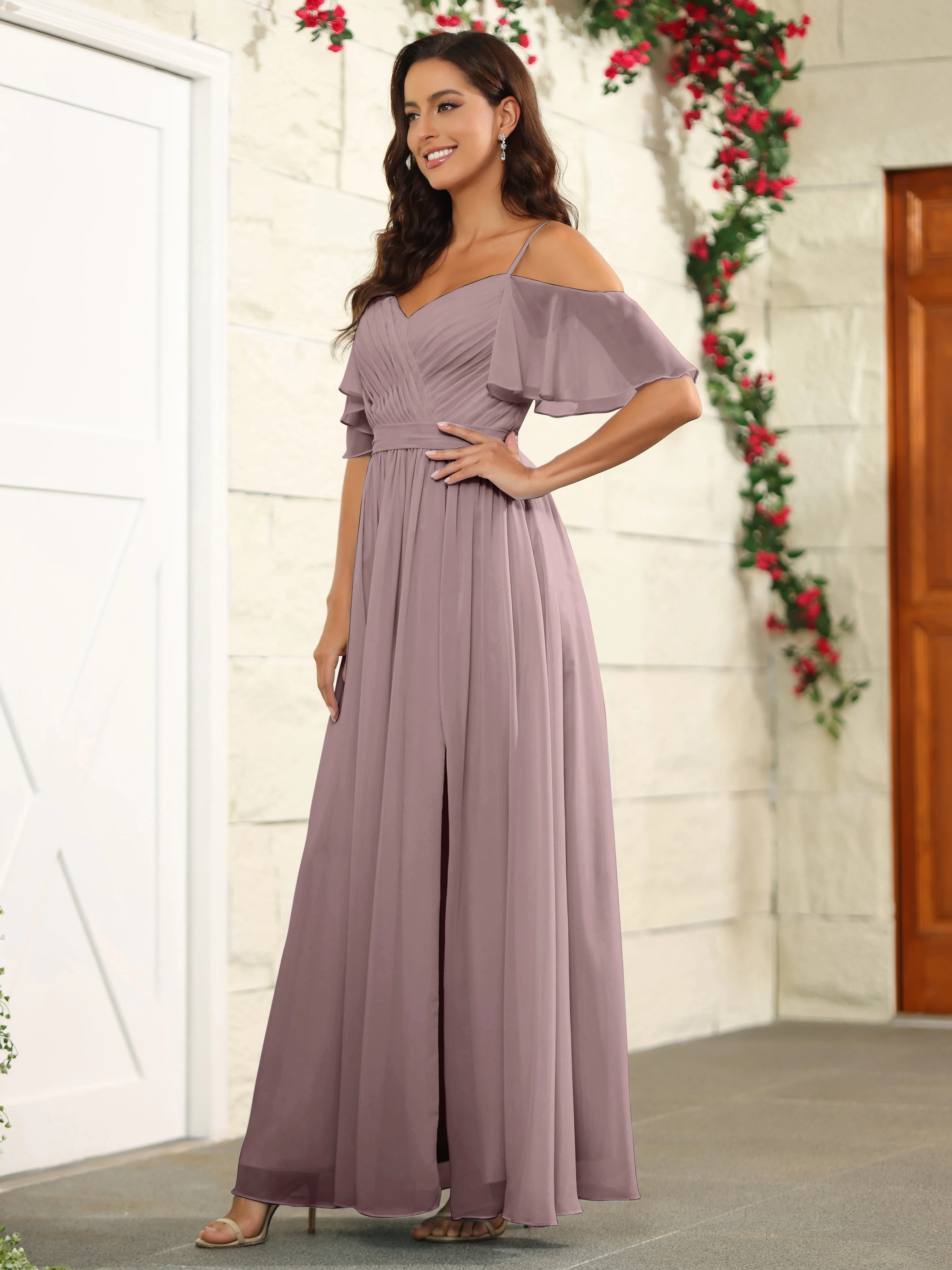 A Line Off The Shoulder Chiffon Long Bridesmaid Dress with Slit