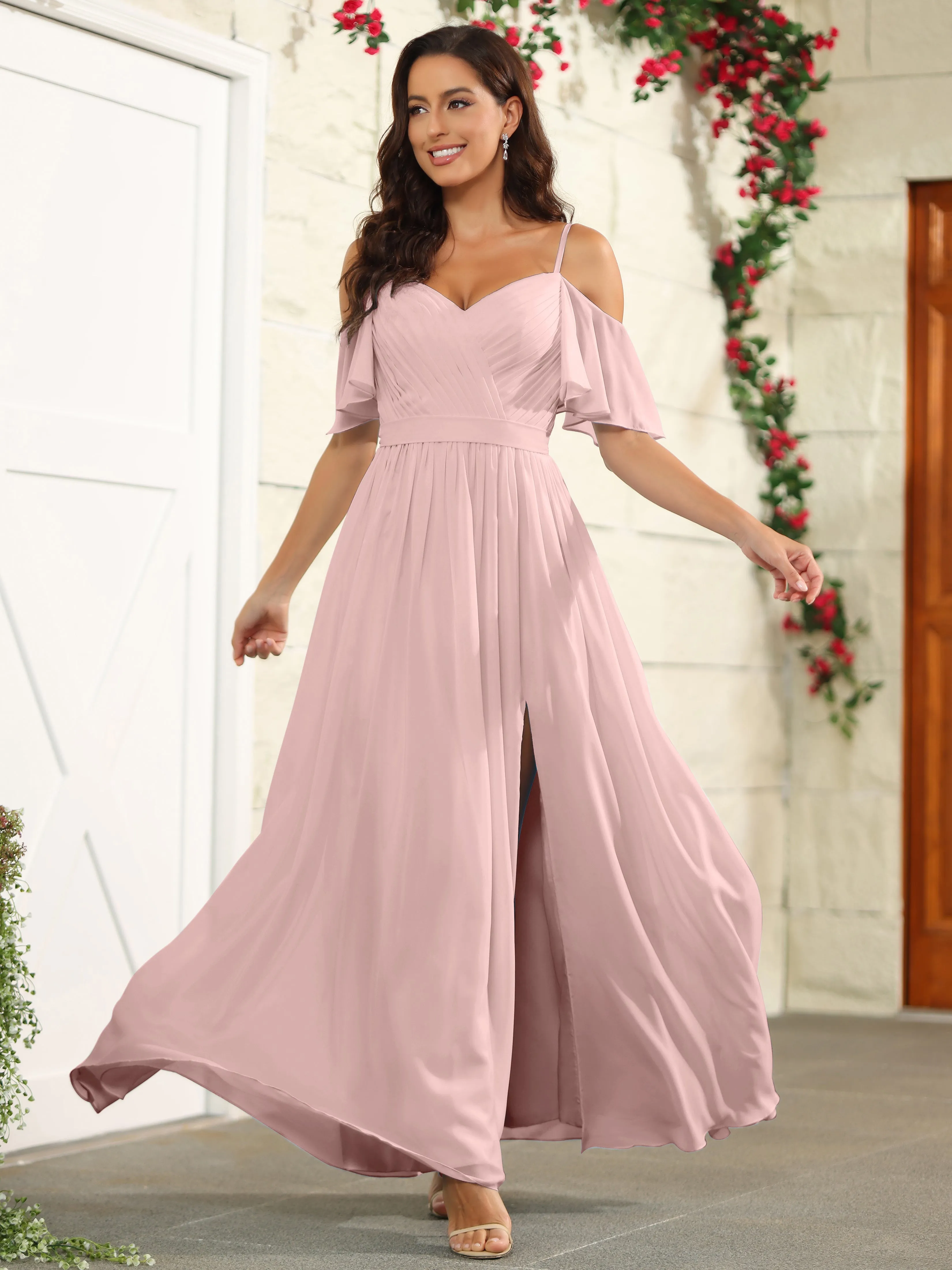 A Line Off The Shoulder Chiffon Long Bridesmaid Dress with Slit