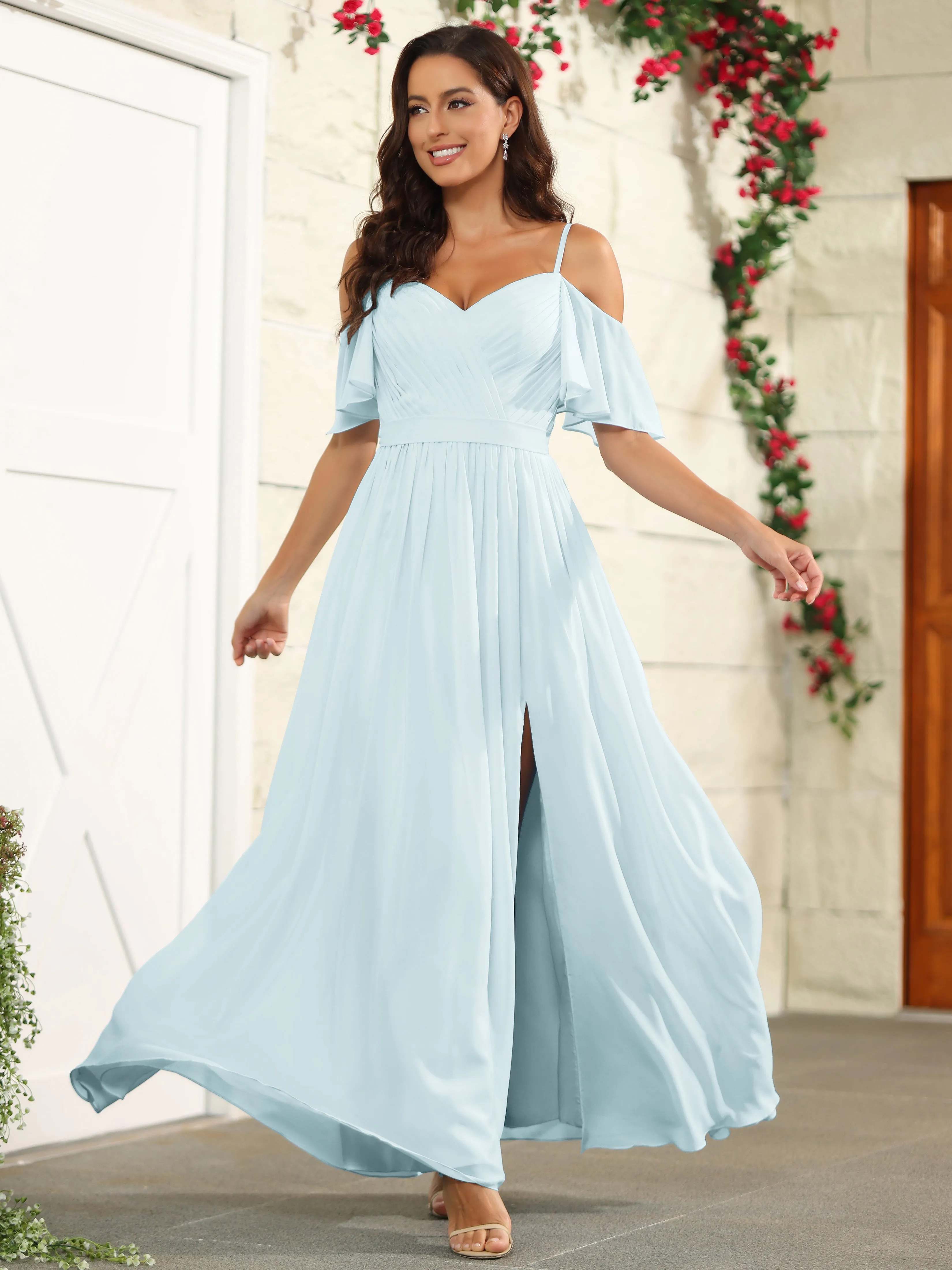 A Line Off The Shoulder Chiffon Long Bridesmaid Dress with Slit