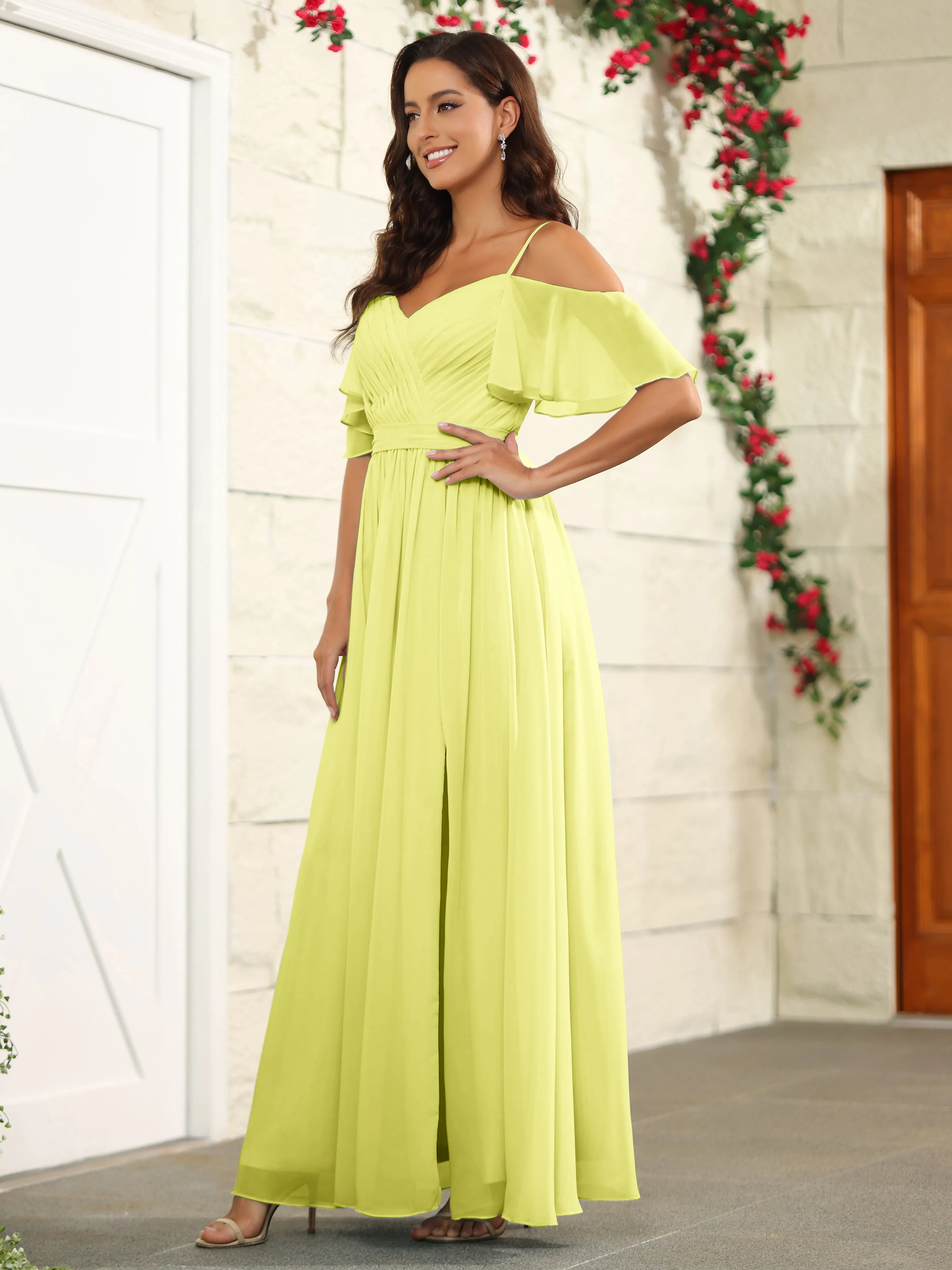 A Line Off The Shoulder Chiffon Long Bridesmaid Dress with Slit