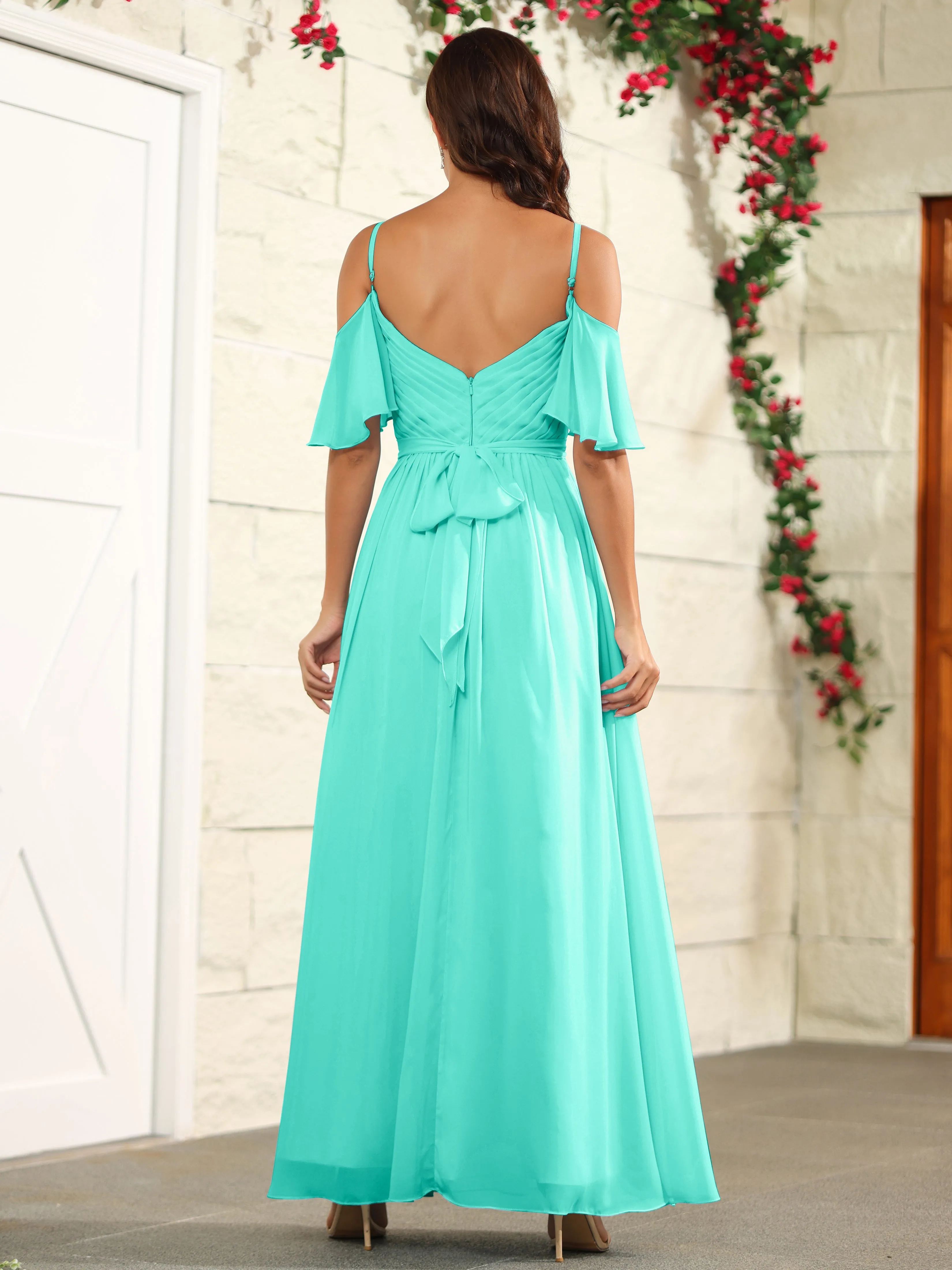 A Line Off The Shoulder Chiffon Long Bridesmaid Dress with Slit