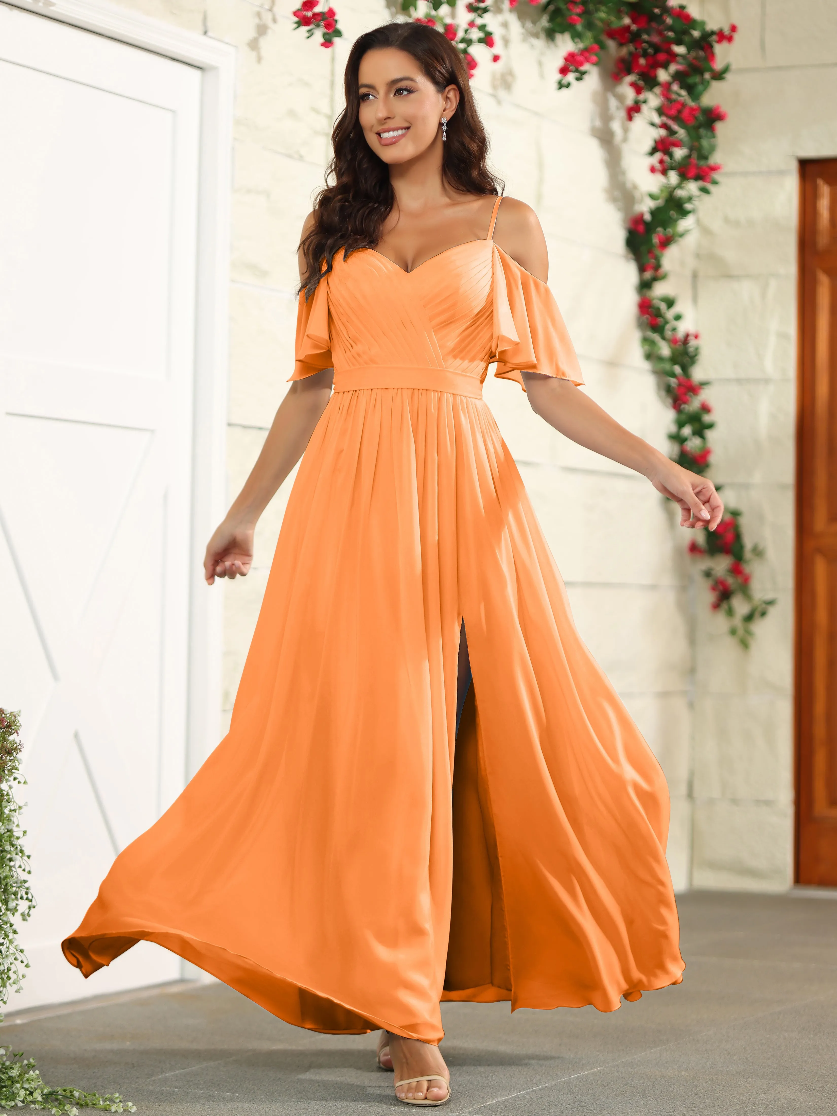 A Line Off The Shoulder Chiffon Long Bridesmaid Dress with Slit