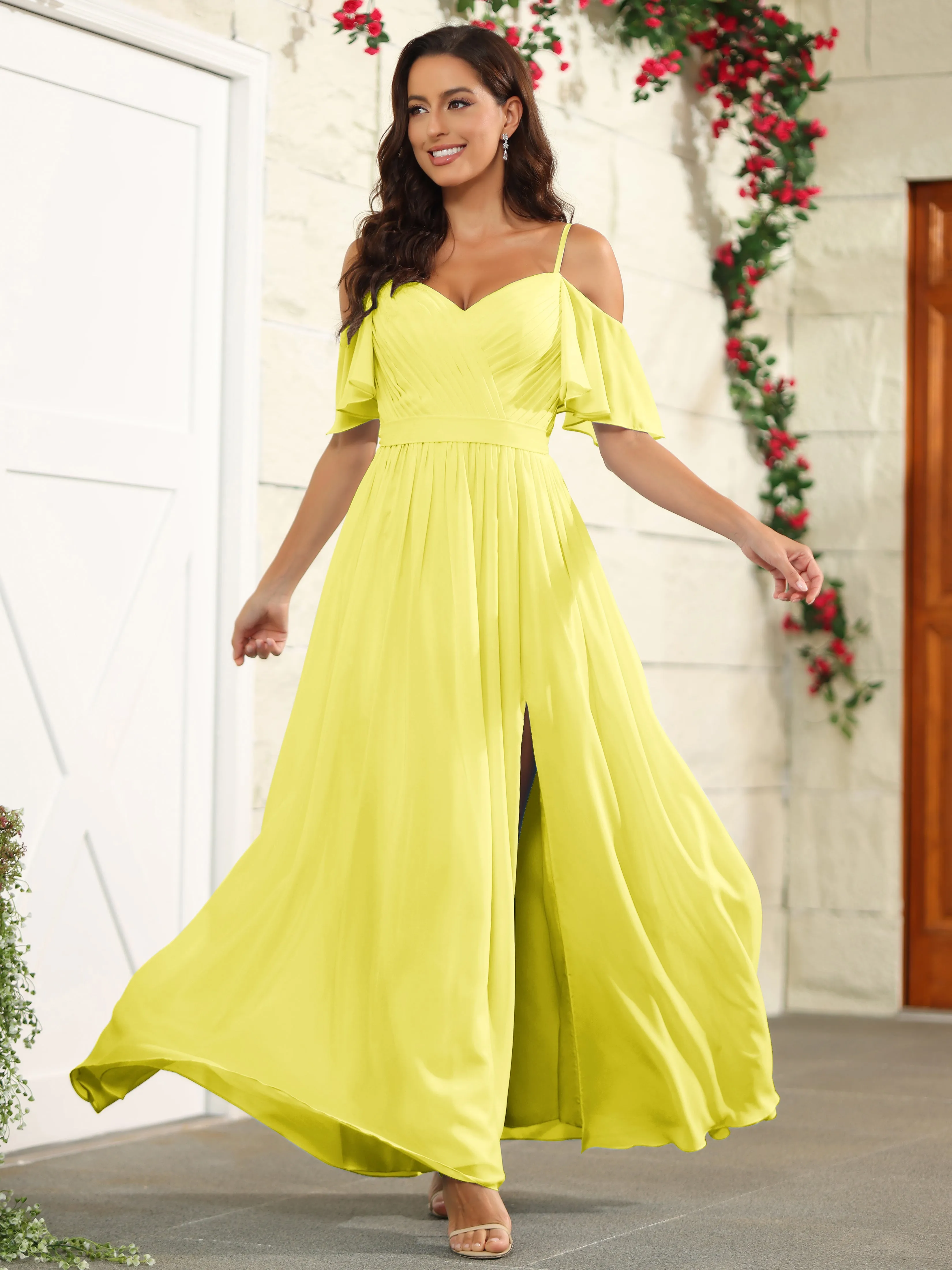 A Line Off The Shoulder Chiffon Long Bridesmaid Dress with Slit