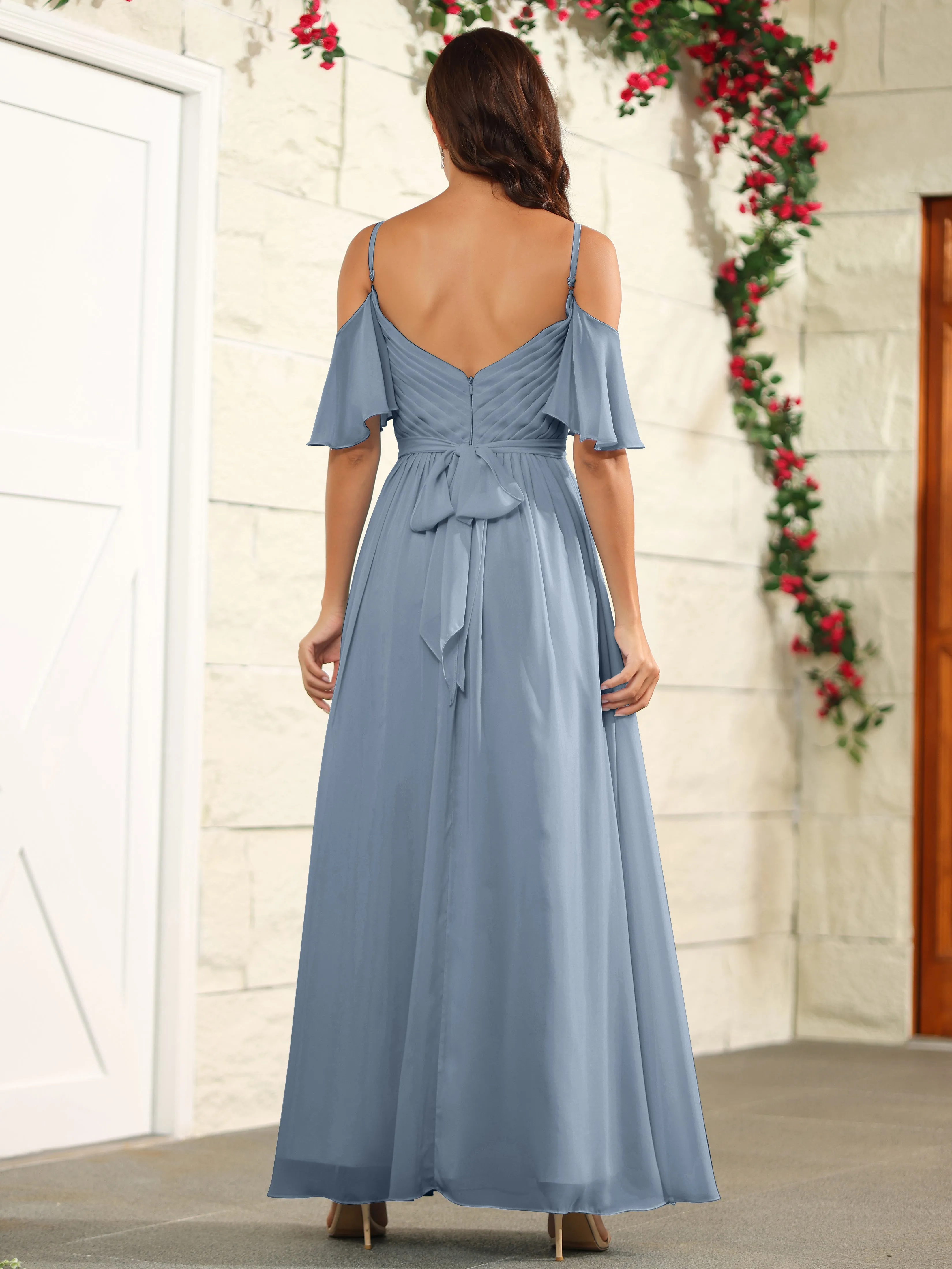 A Line Off The Shoulder Chiffon Long Bridesmaid Dress with Slit