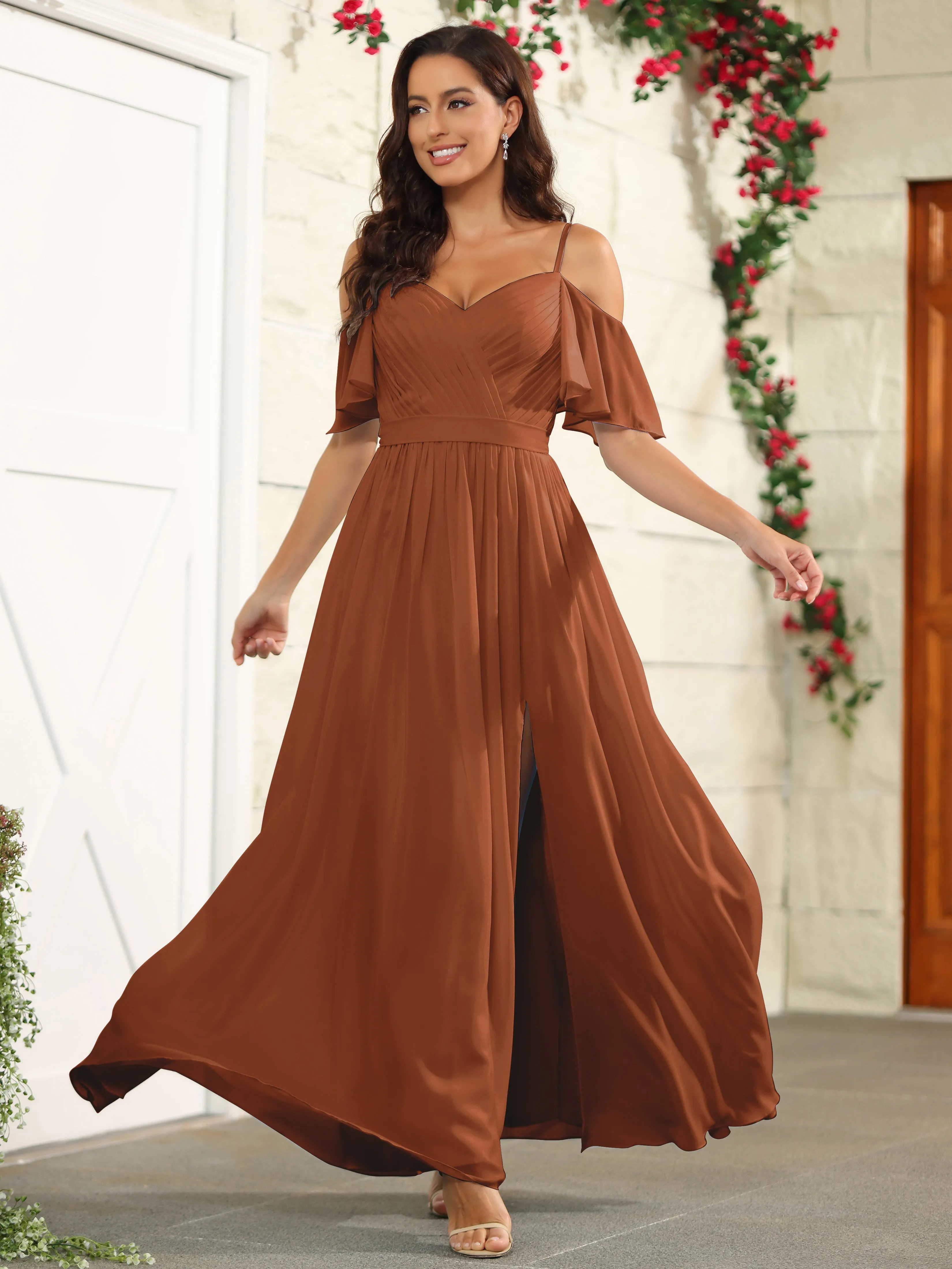 A Line Off The Shoulder Chiffon Long Bridesmaid Dress with Slit