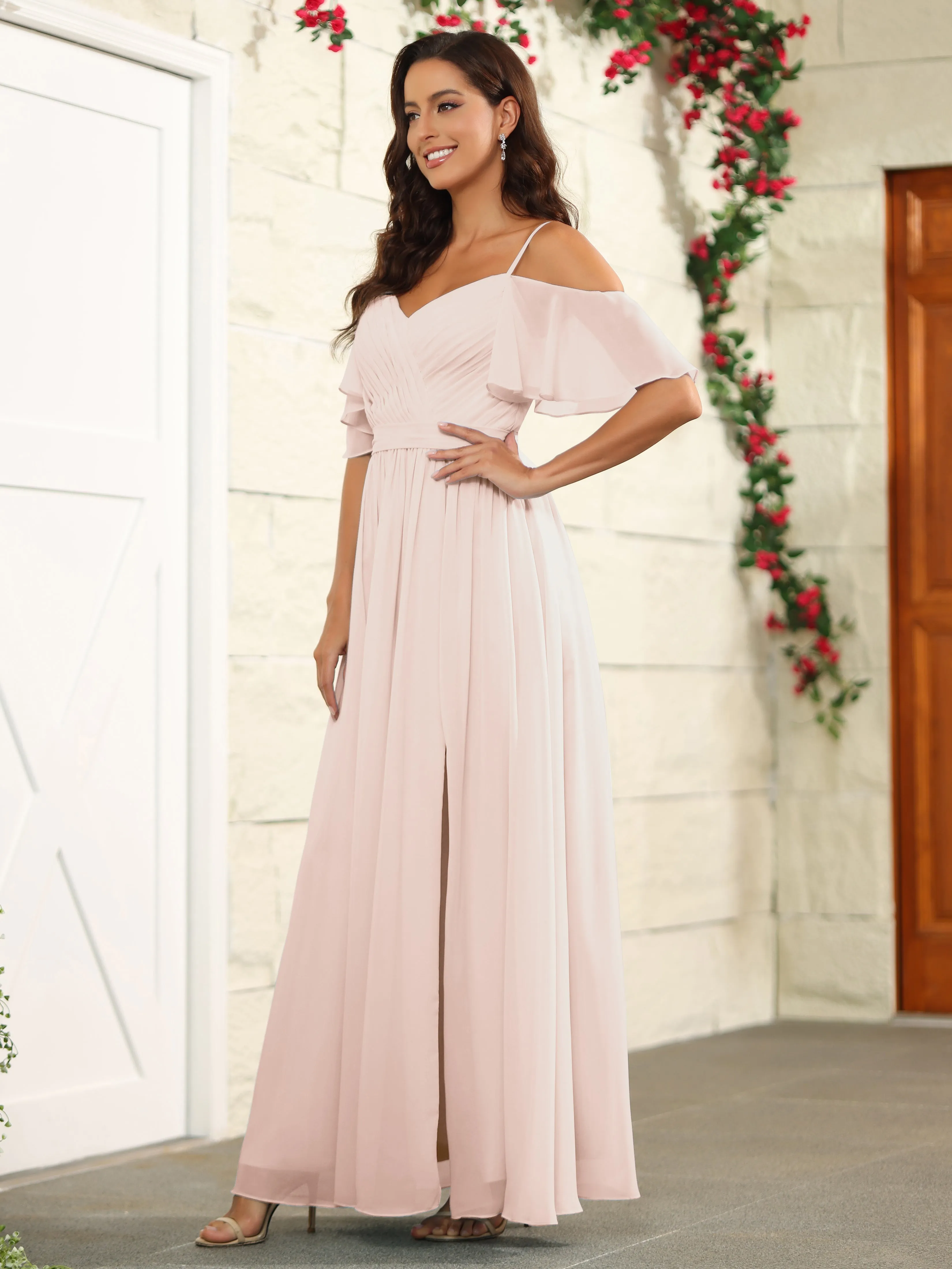 A Line Off The Shoulder Chiffon Long Bridesmaid Dress with Slit