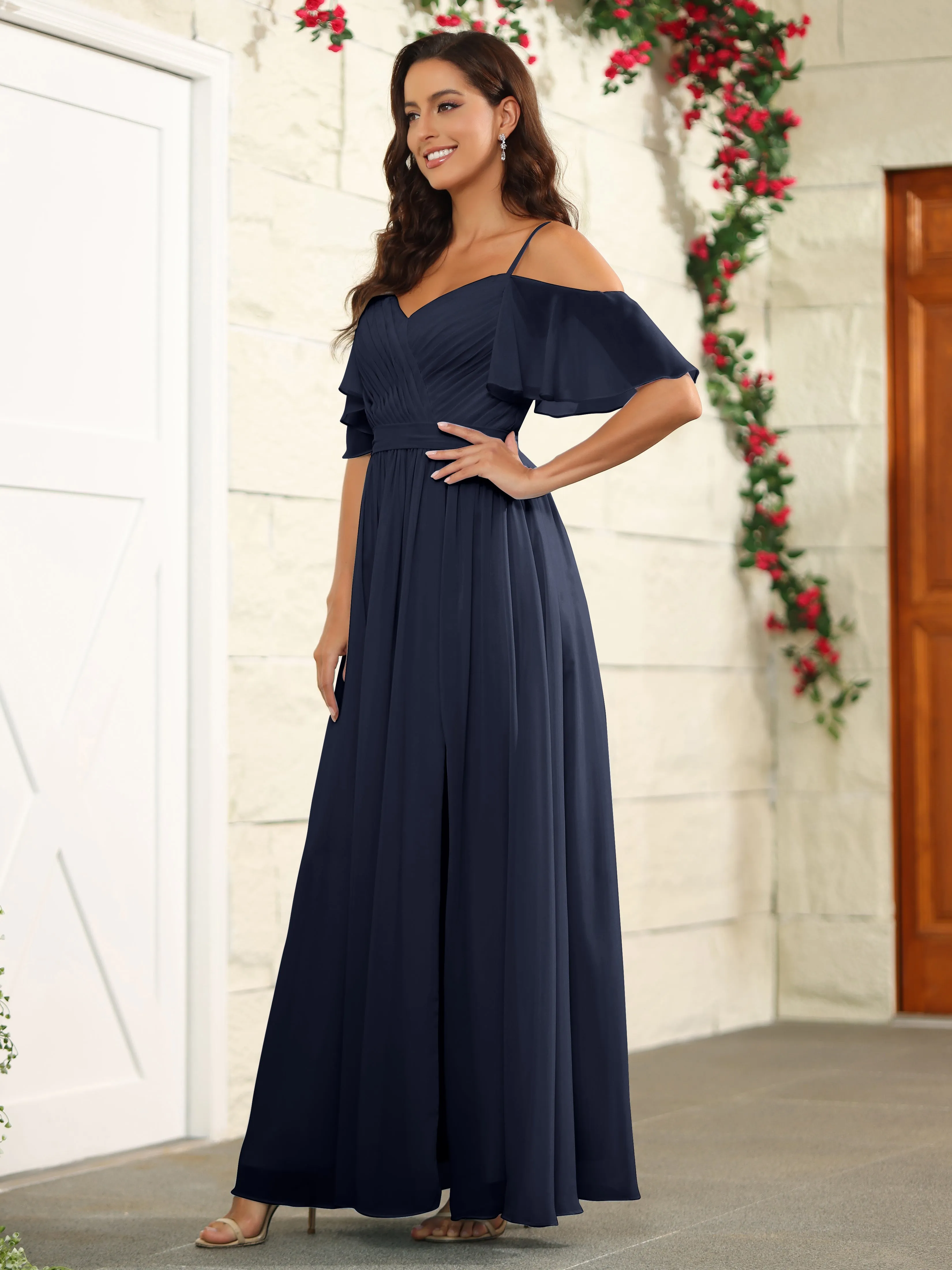 A Line Off The Shoulder Chiffon Long Bridesmaid Dress with Slit