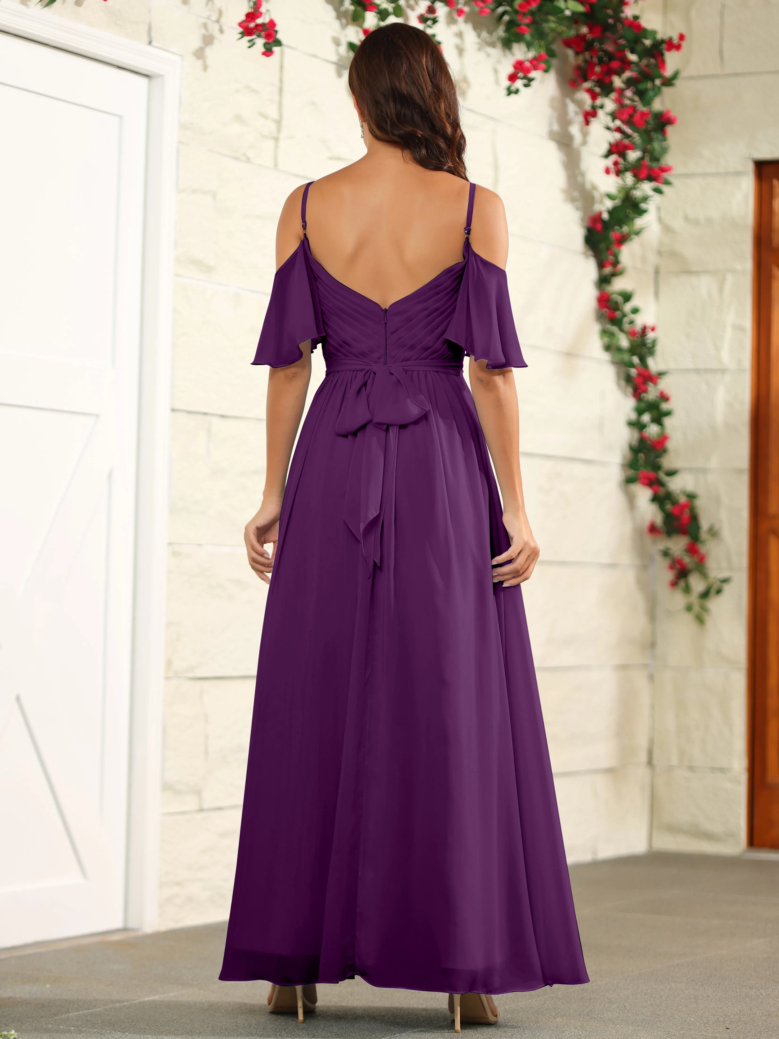 A Line Off The Shoulder Chiffon Long Bridesmaid Dress with Slit