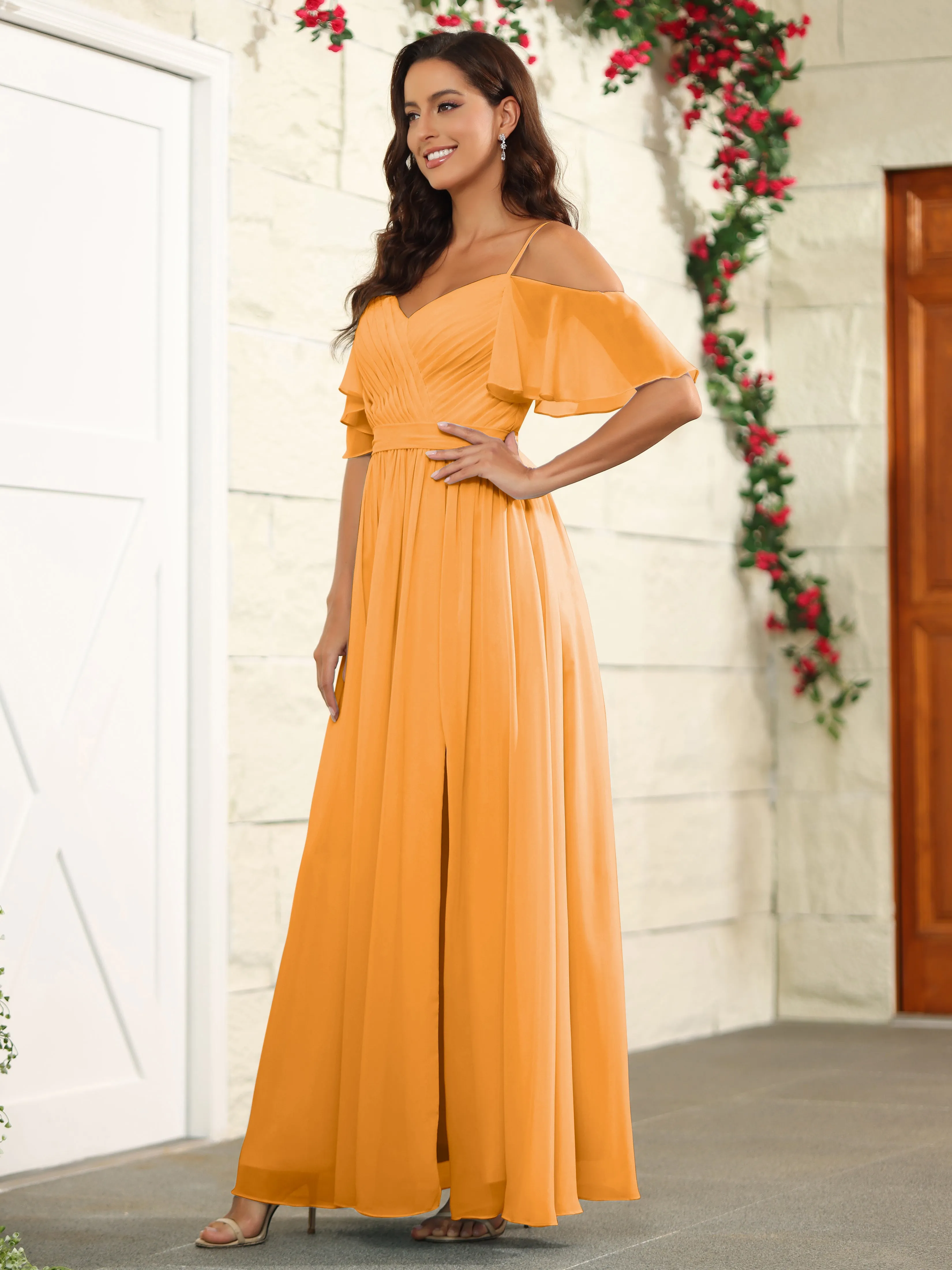 A Line Off The Shoulder Chiffon Long Bridesmaid Dress with Slit