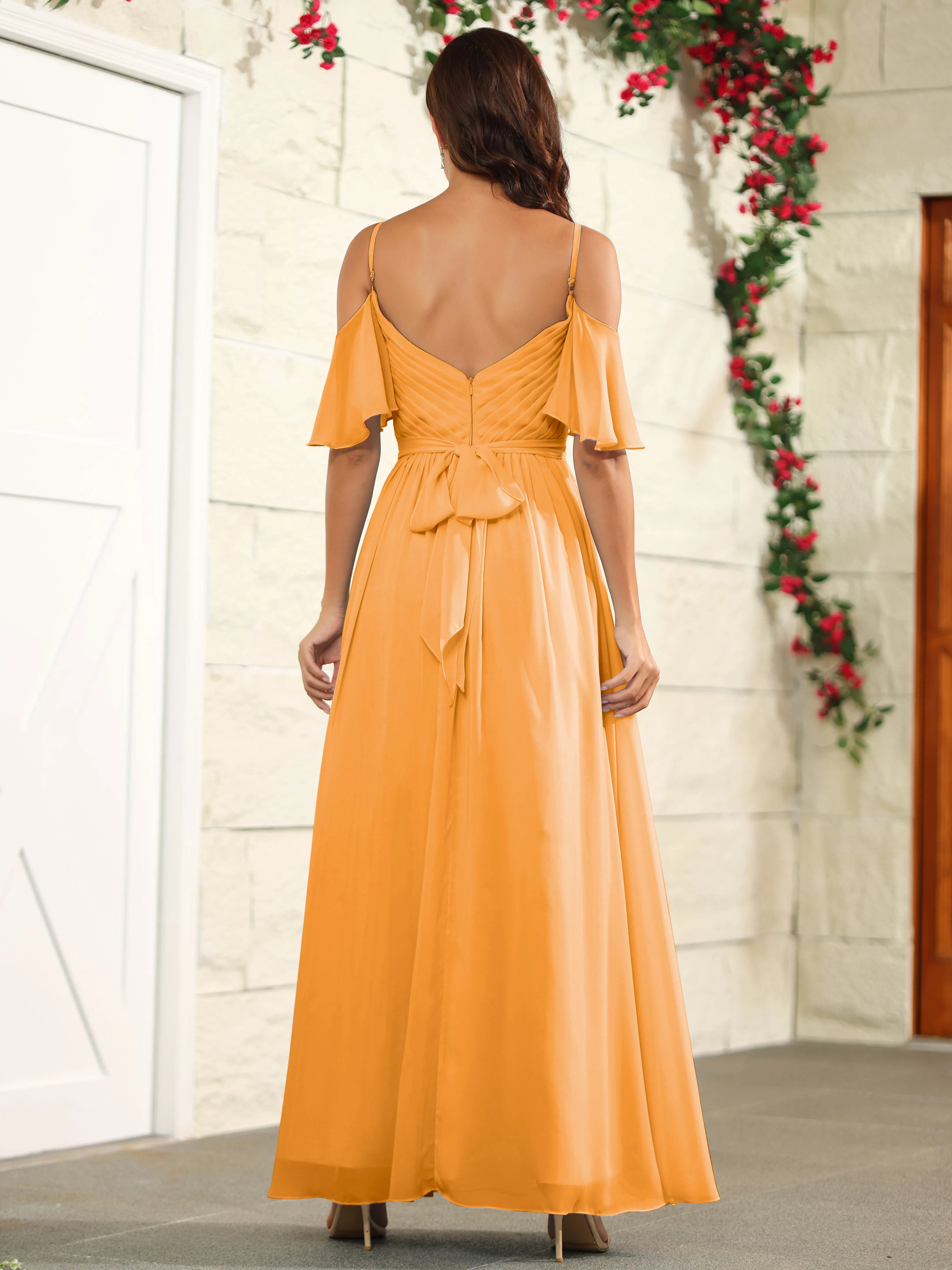 A Line Off The Shoulder Chiffon Long Bridesmaid Dress with Slit