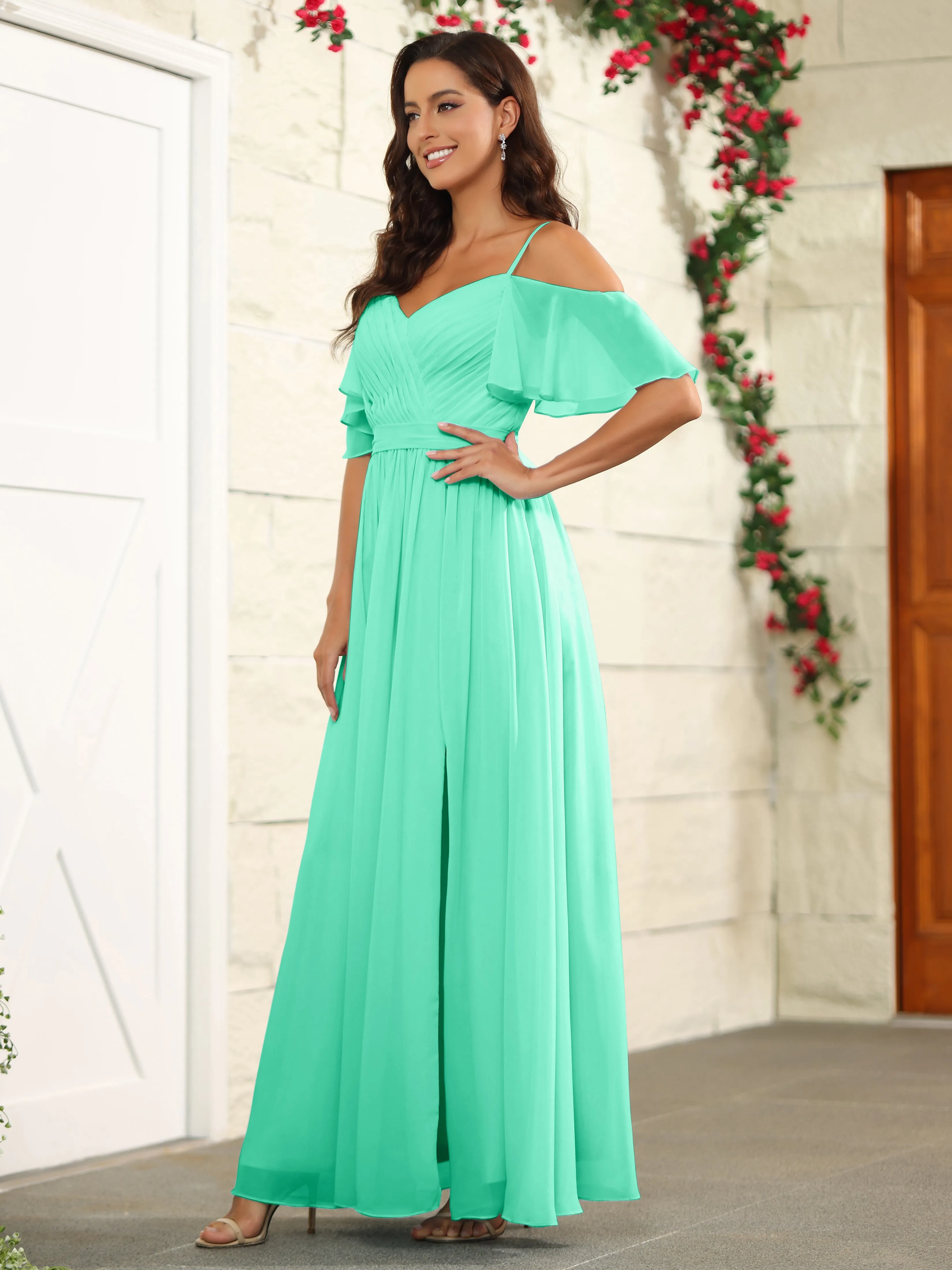 A Line Off The Shoulder Chiffon Long Bridesmaid Dress with Slit