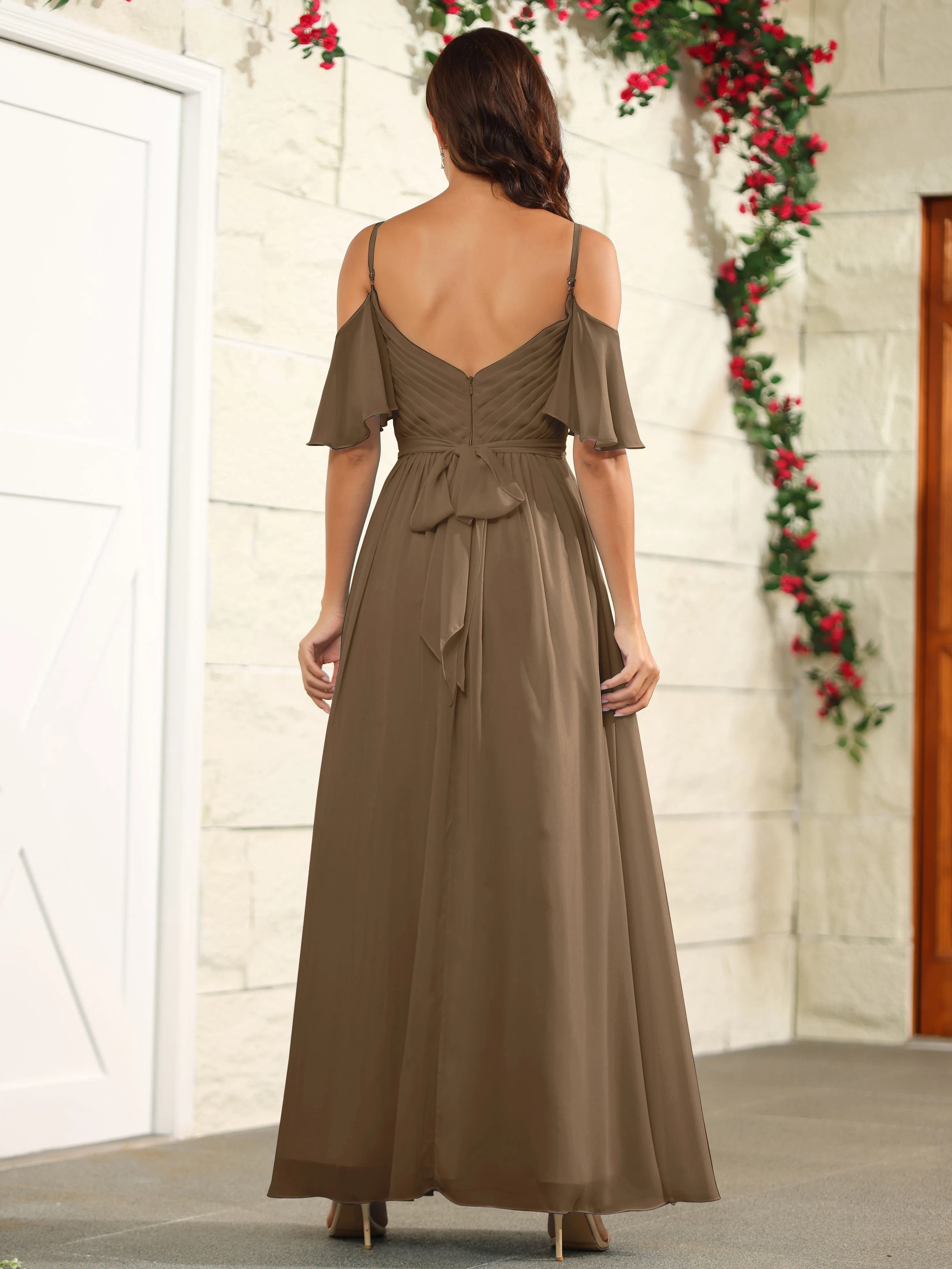 A Line Off The Shoulder Chiffon Long Bridesmaid Dress with Slit