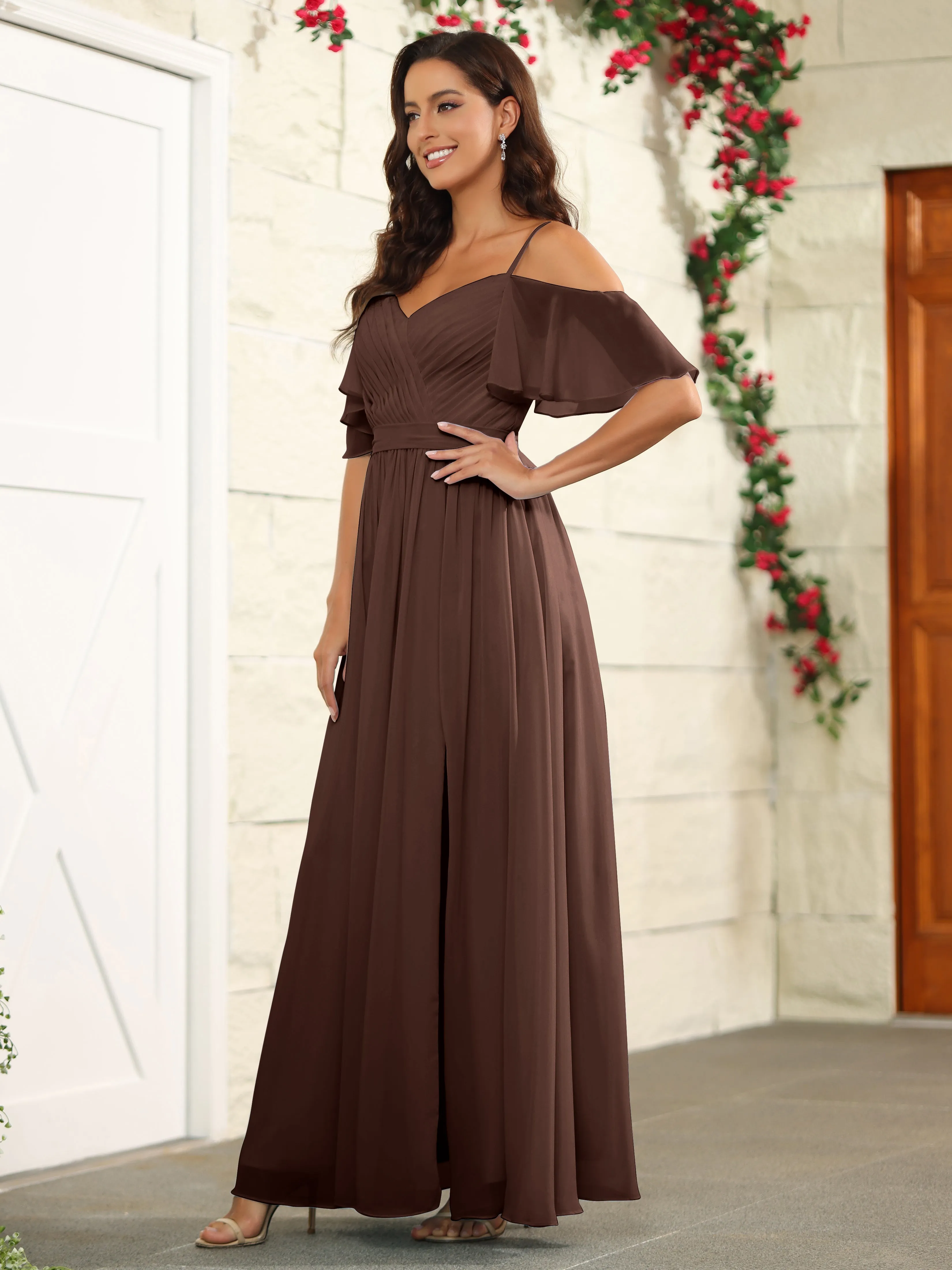 A Line Off The Shoulder Chiffon Long Bridesmaid Dress with Slit