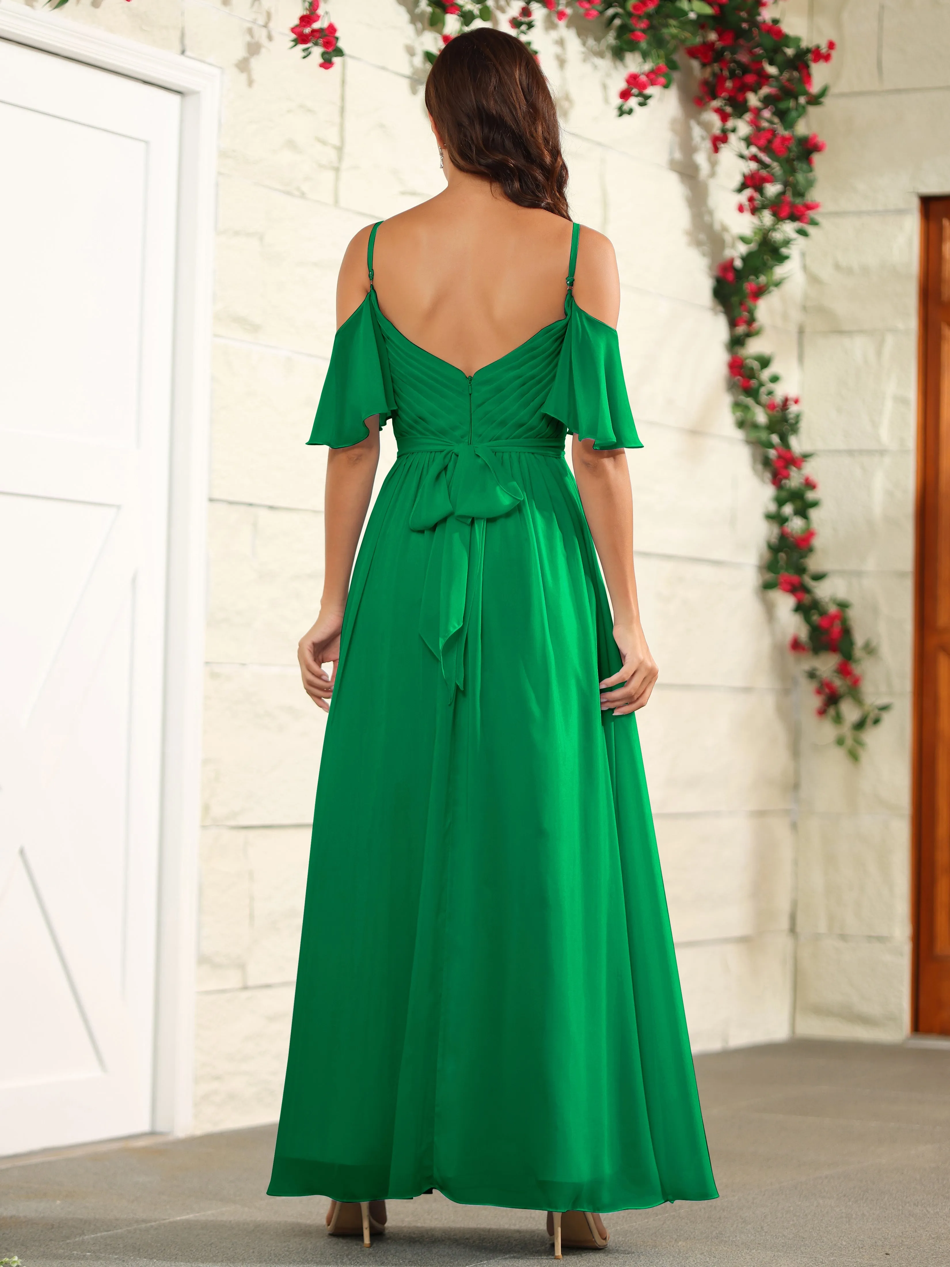 A Line Off The Shoulder Chiffon Long Bridesmaid Dress with Slit