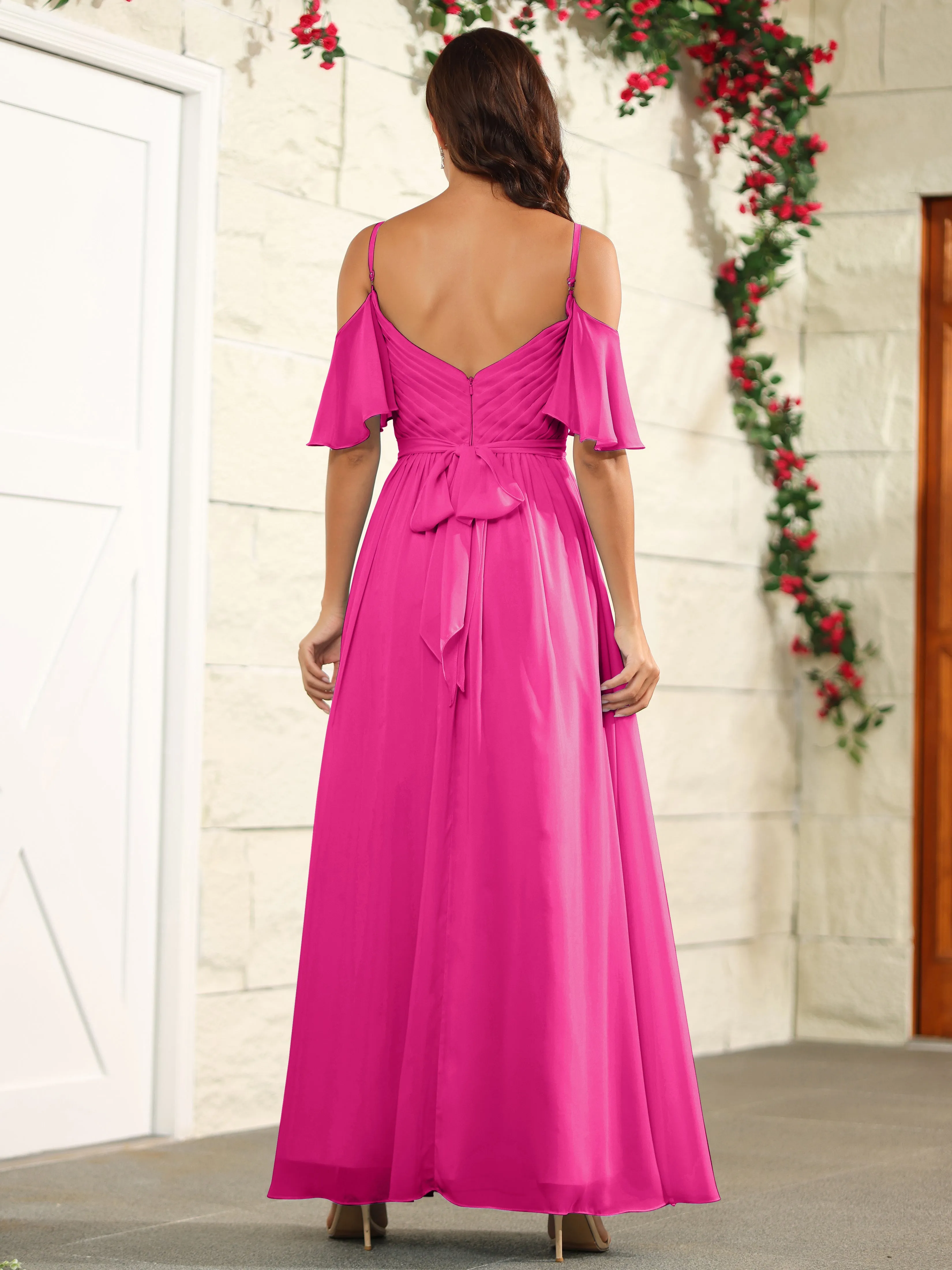 A Line Off The Shoulder Chiffon Long Bridesmaid Dress with Slit