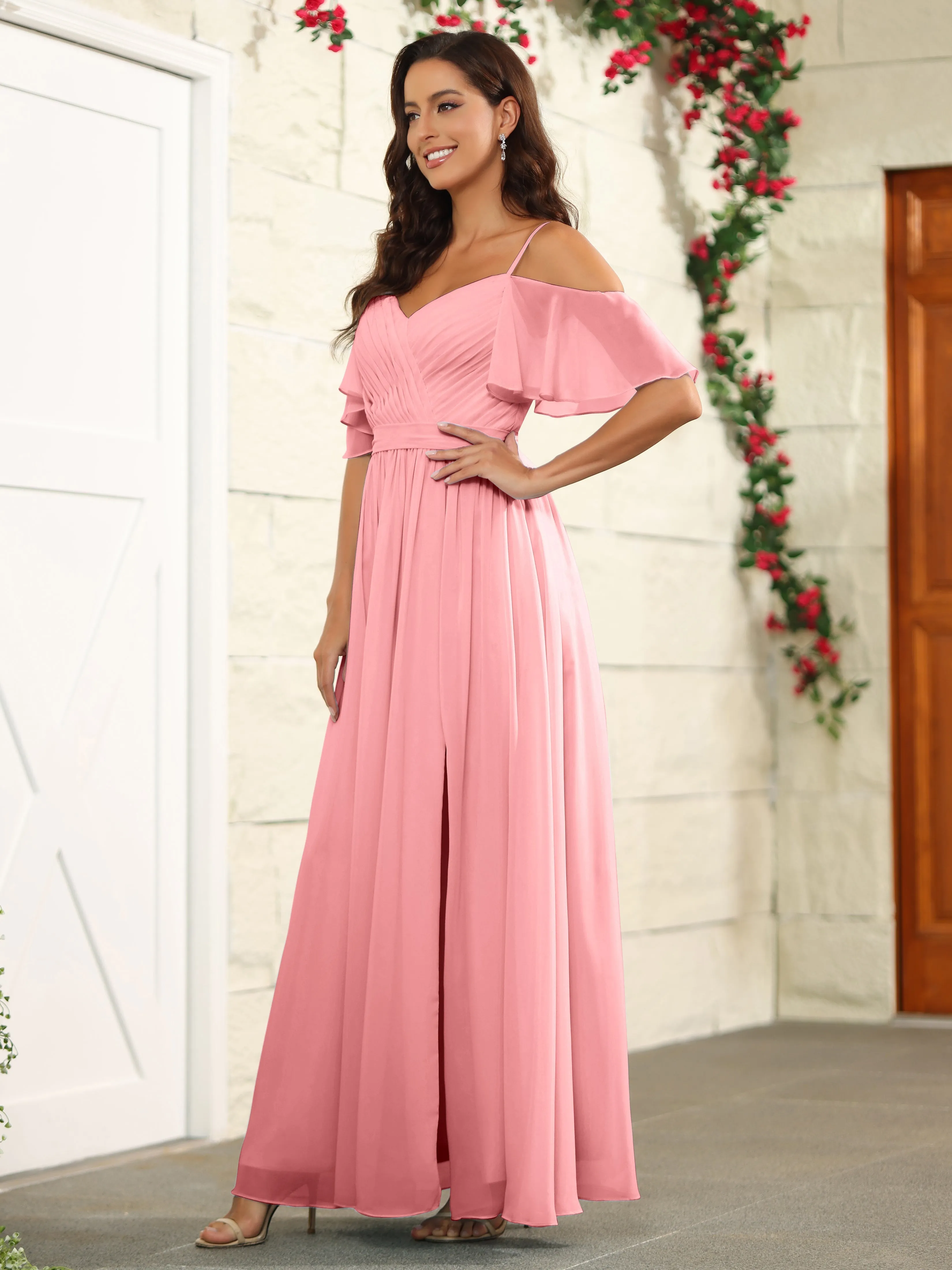 A Line Off The Shoulder Chiffon Long Bridesmaid Dress with Slit