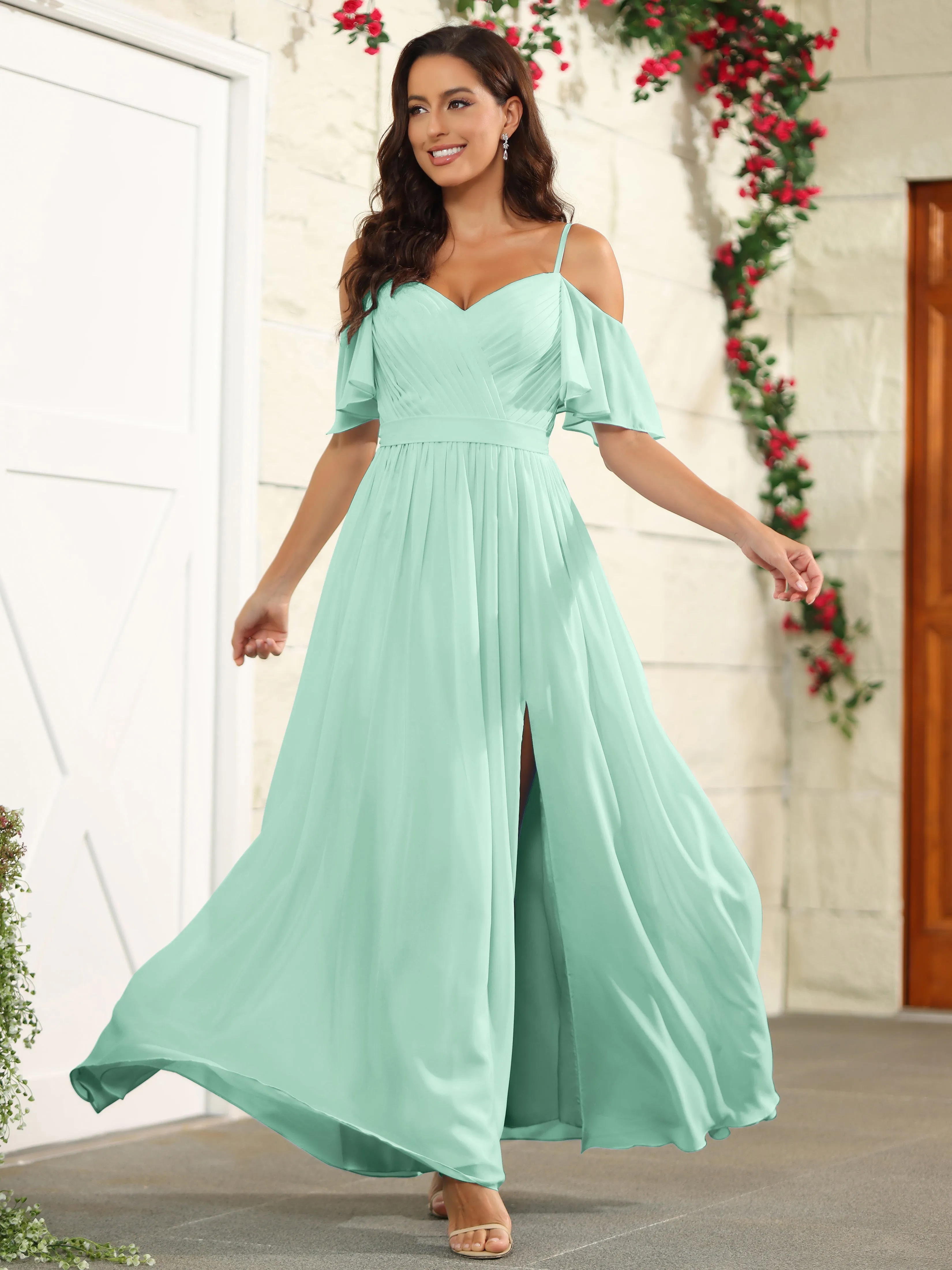 A Line Off The Shoulder Chiffon Long Bridesmaid Dress with Slit