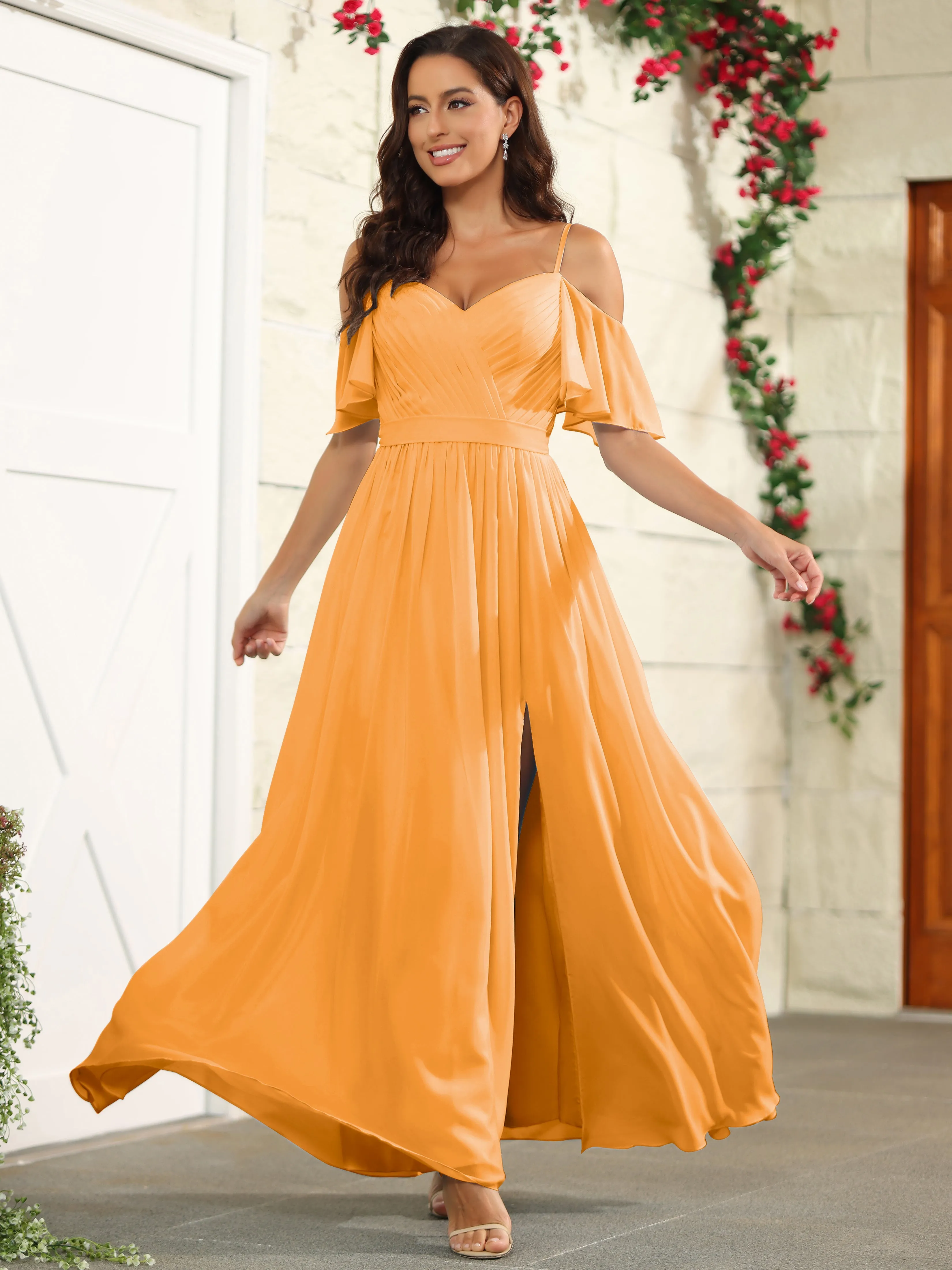 A Line Off The Shoulder Chiffon Long Bridesmaid Dress with Slit