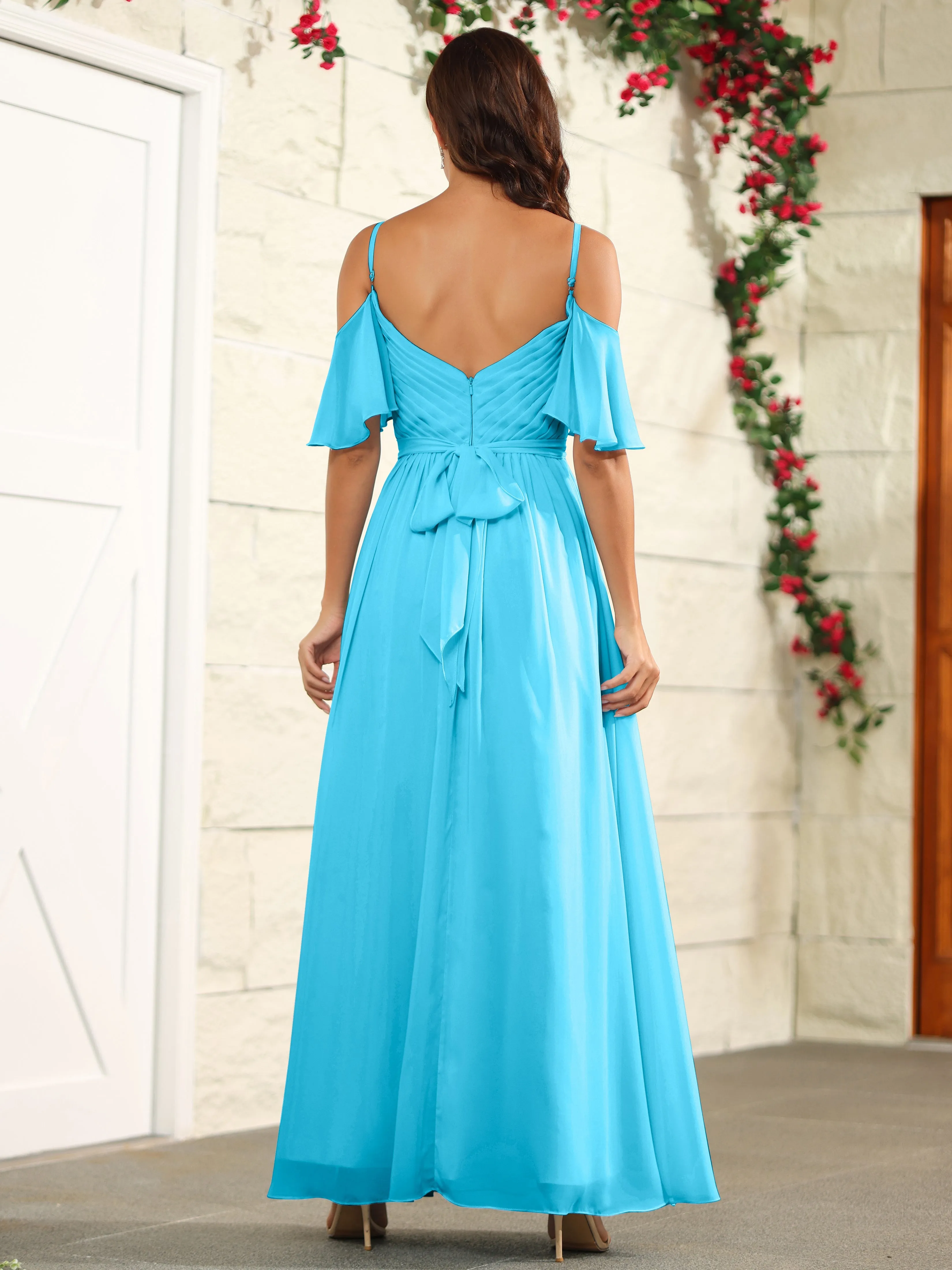 A Line Off The Shoulder Chiffon Long Bridesmaid Dress with Slit