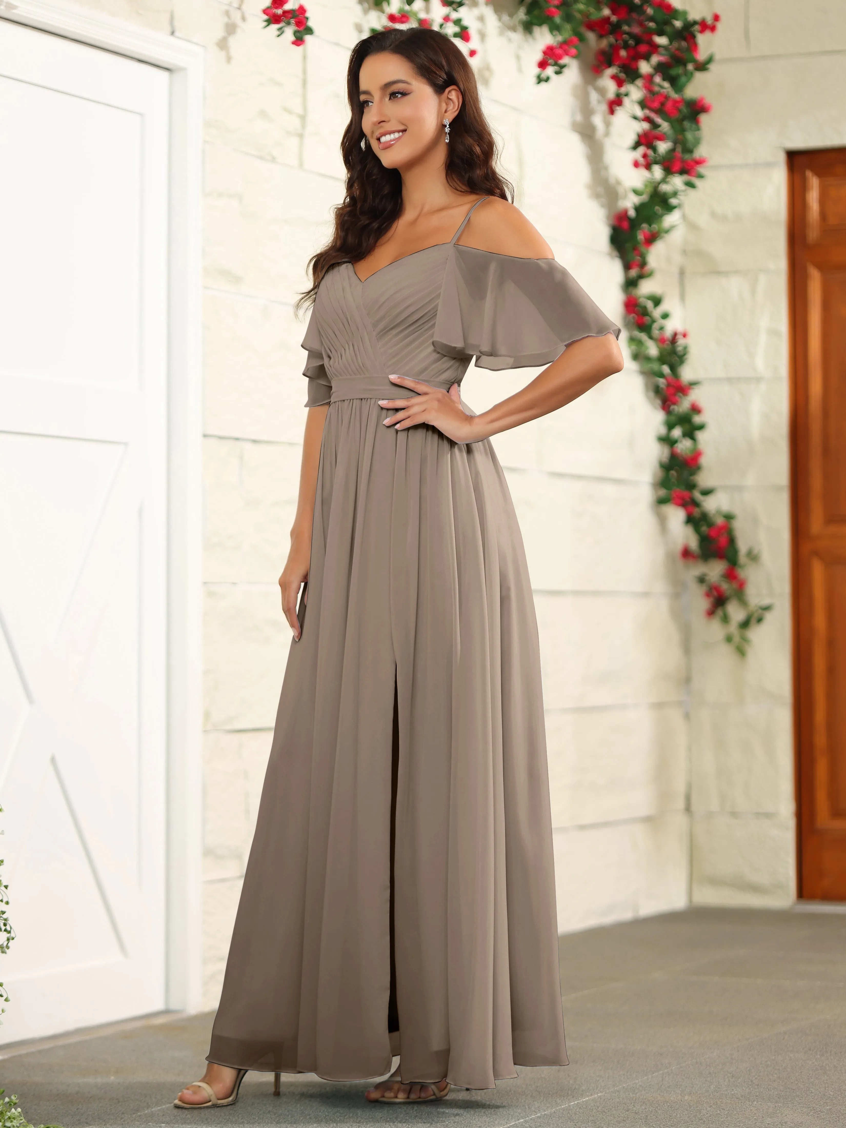 A Line Off The Shoulder Chiffon Long Bridesmaid Dress with Slit