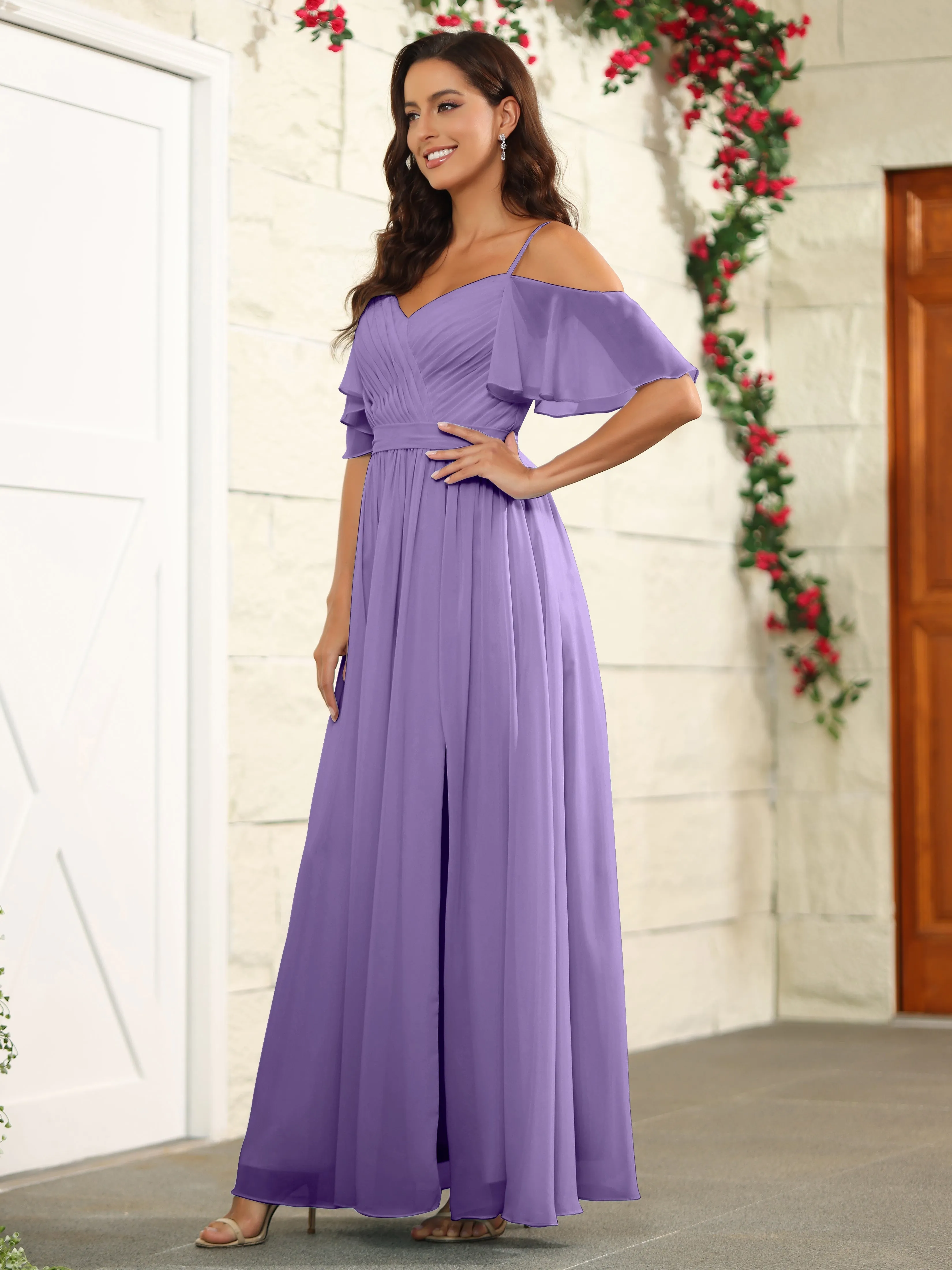 A Line Off The Shoulder Chiffon Long Bridesmaid Dress with Slit