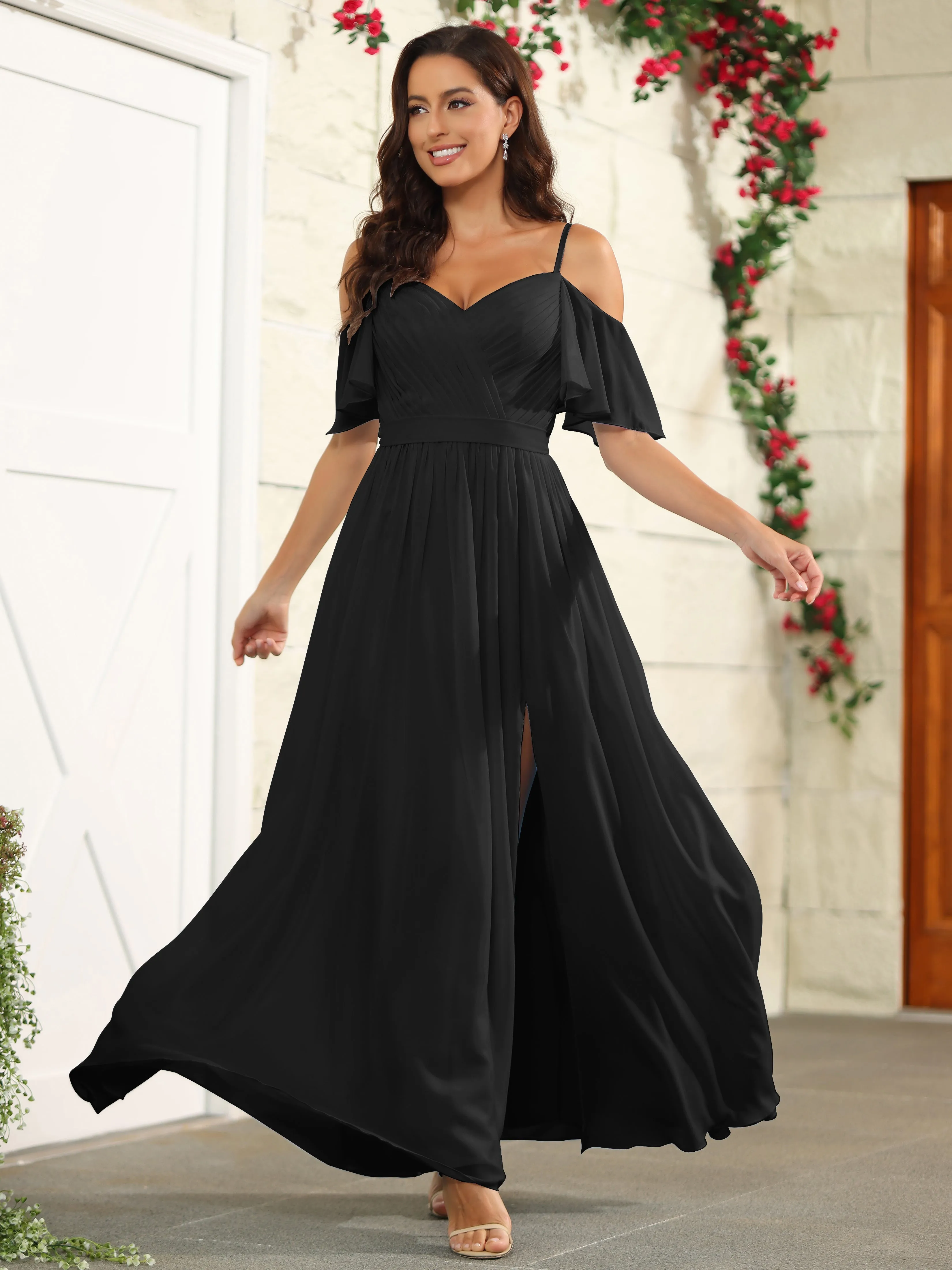 A Line Off The Shoulder Chiffon Long Bridesmaid Dress with Slit
