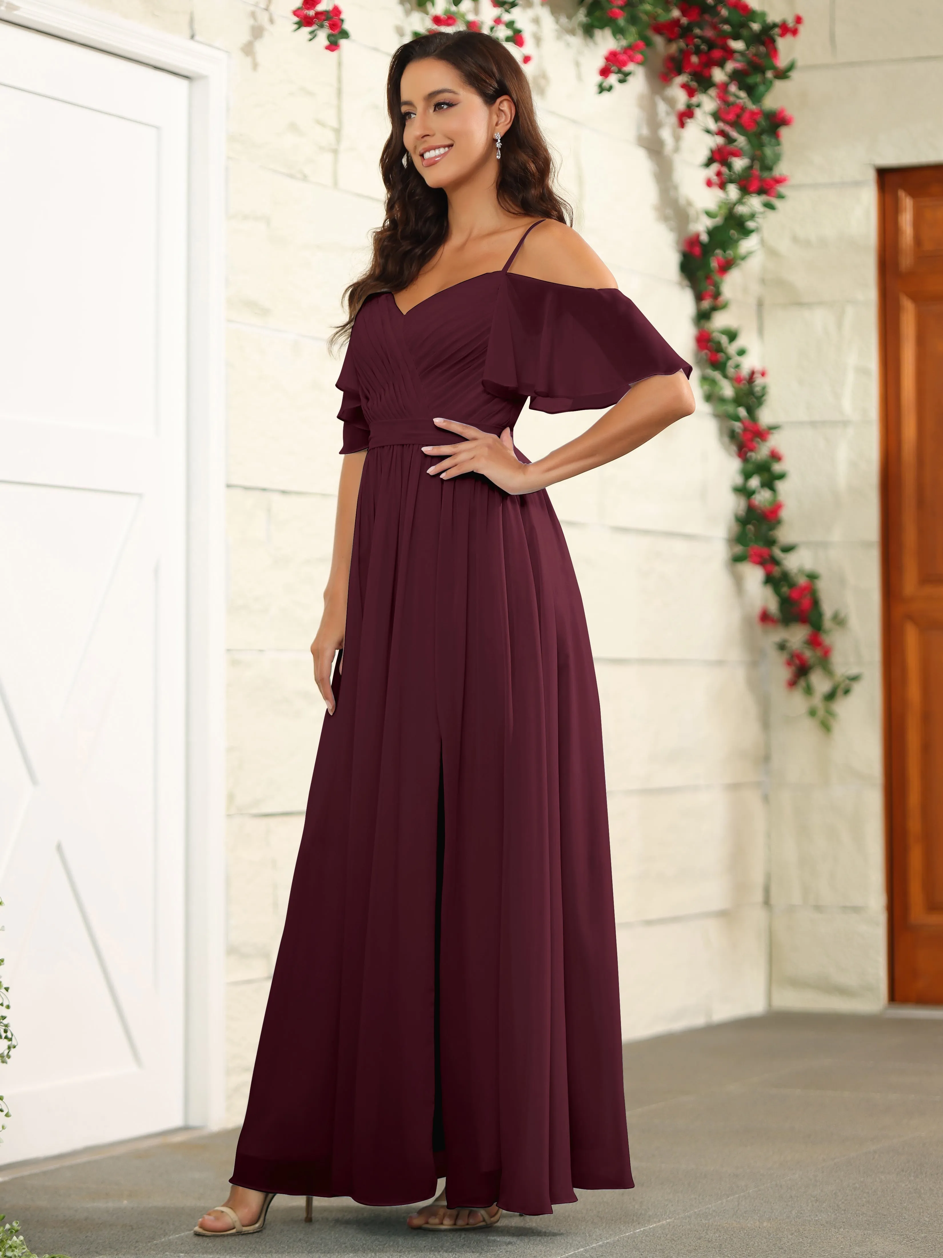 A Line Off The Shoulder Chiffon Long Bridesmaid Dress with Slit