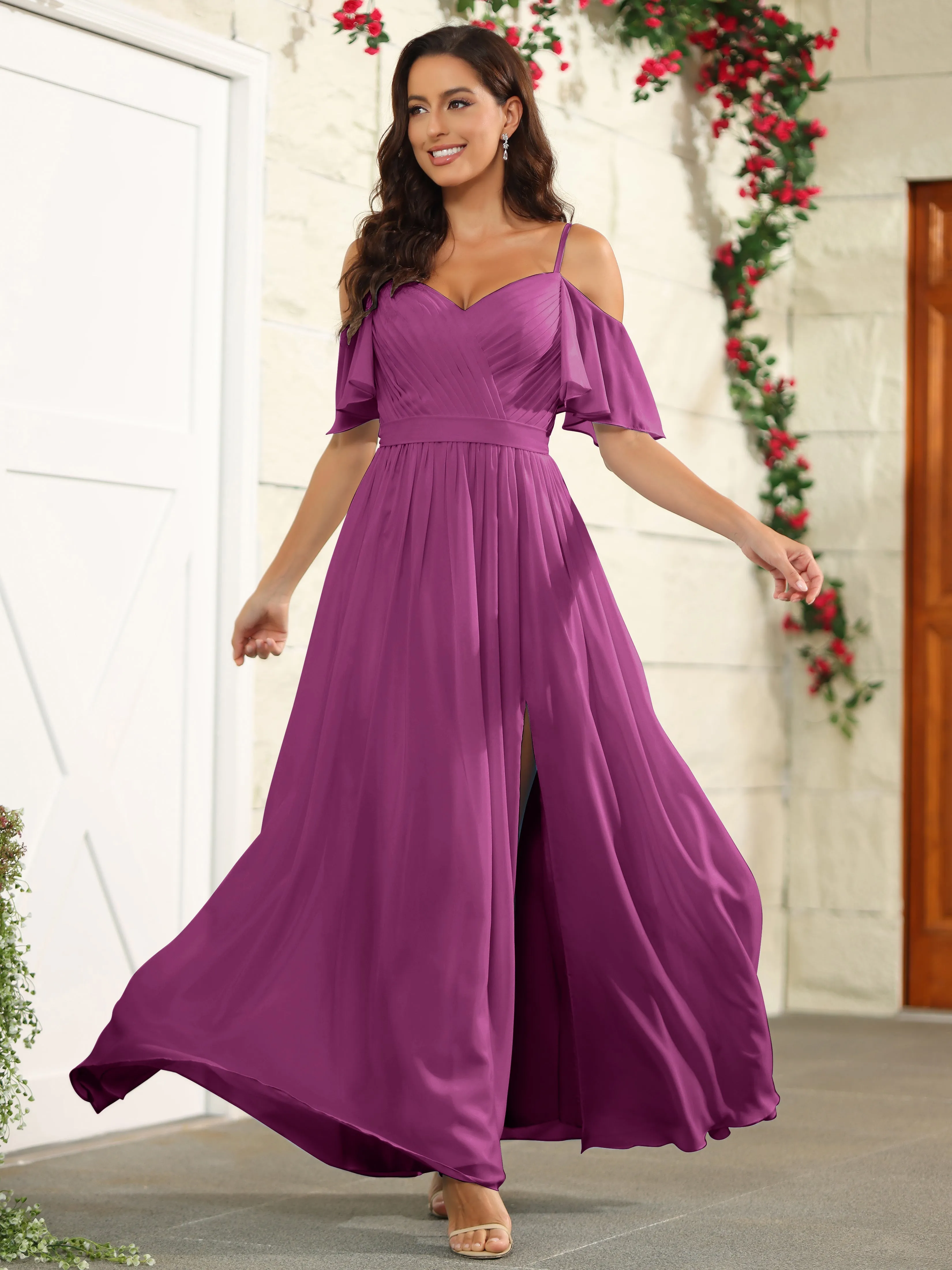 A Line Off The Shoulder Chiffon Long Bridesmaid Dress with Slit