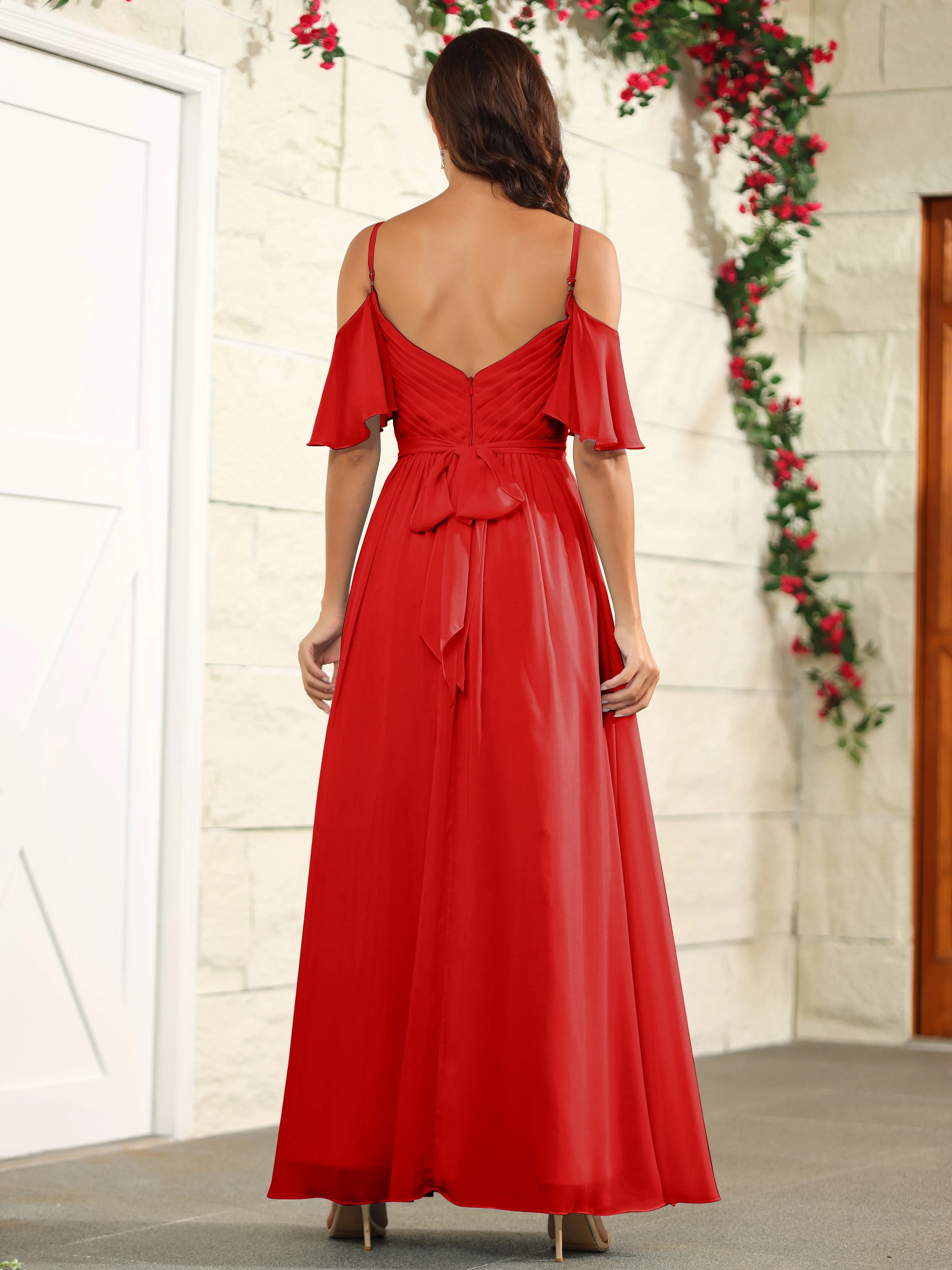 A Line Off The Shoulder Chiffon Long Bridesmaid Dress with Slit