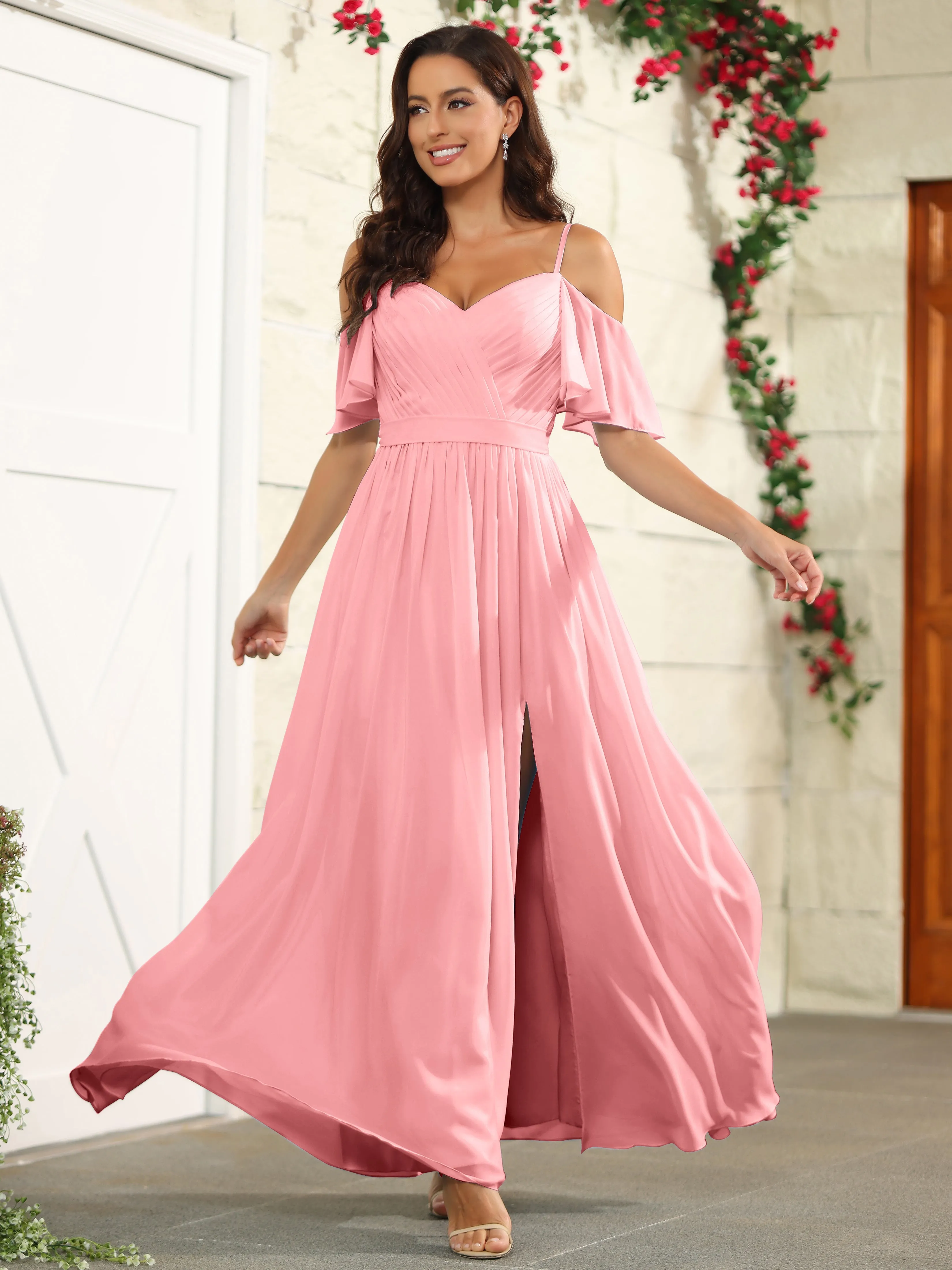A Line Off The Shoulder Chiffon Long Bridesmaid Dress with Slit