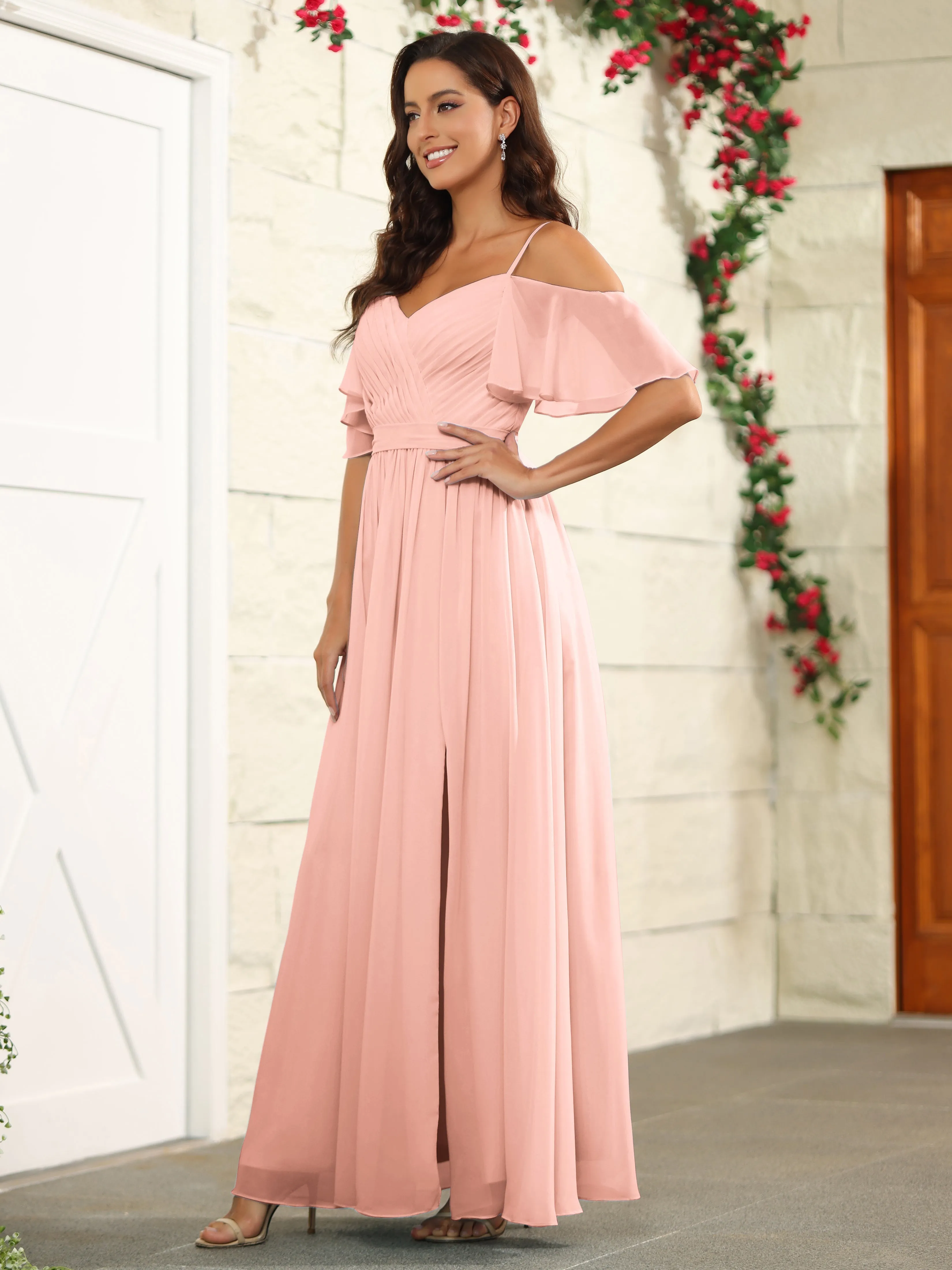 A Line Off The Shoulder Chiffon Long Bridesmaid Dress with Slit