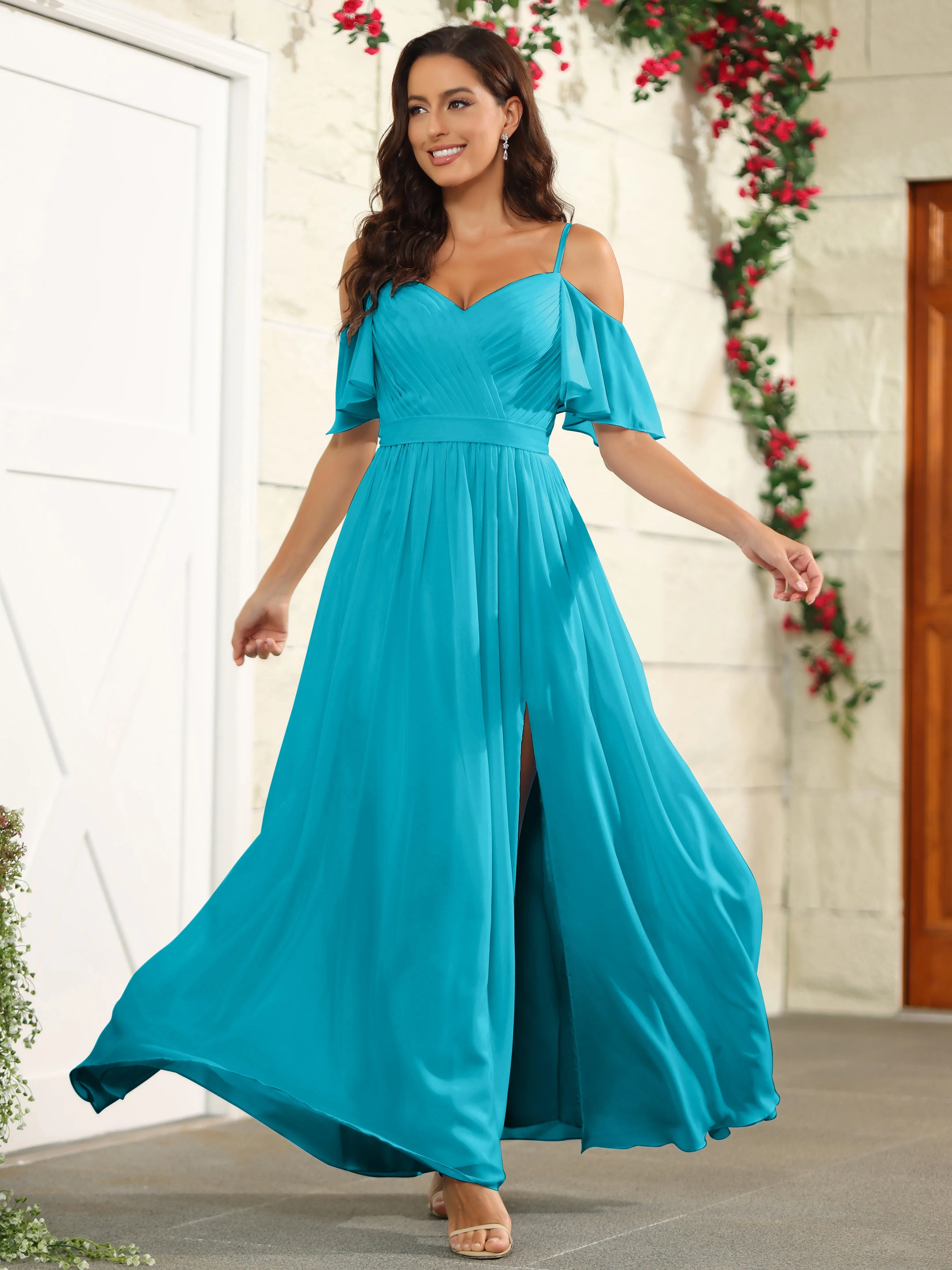 A Line Off The Shoulder Chiffon Long Bridesmaid Dress with Slit
