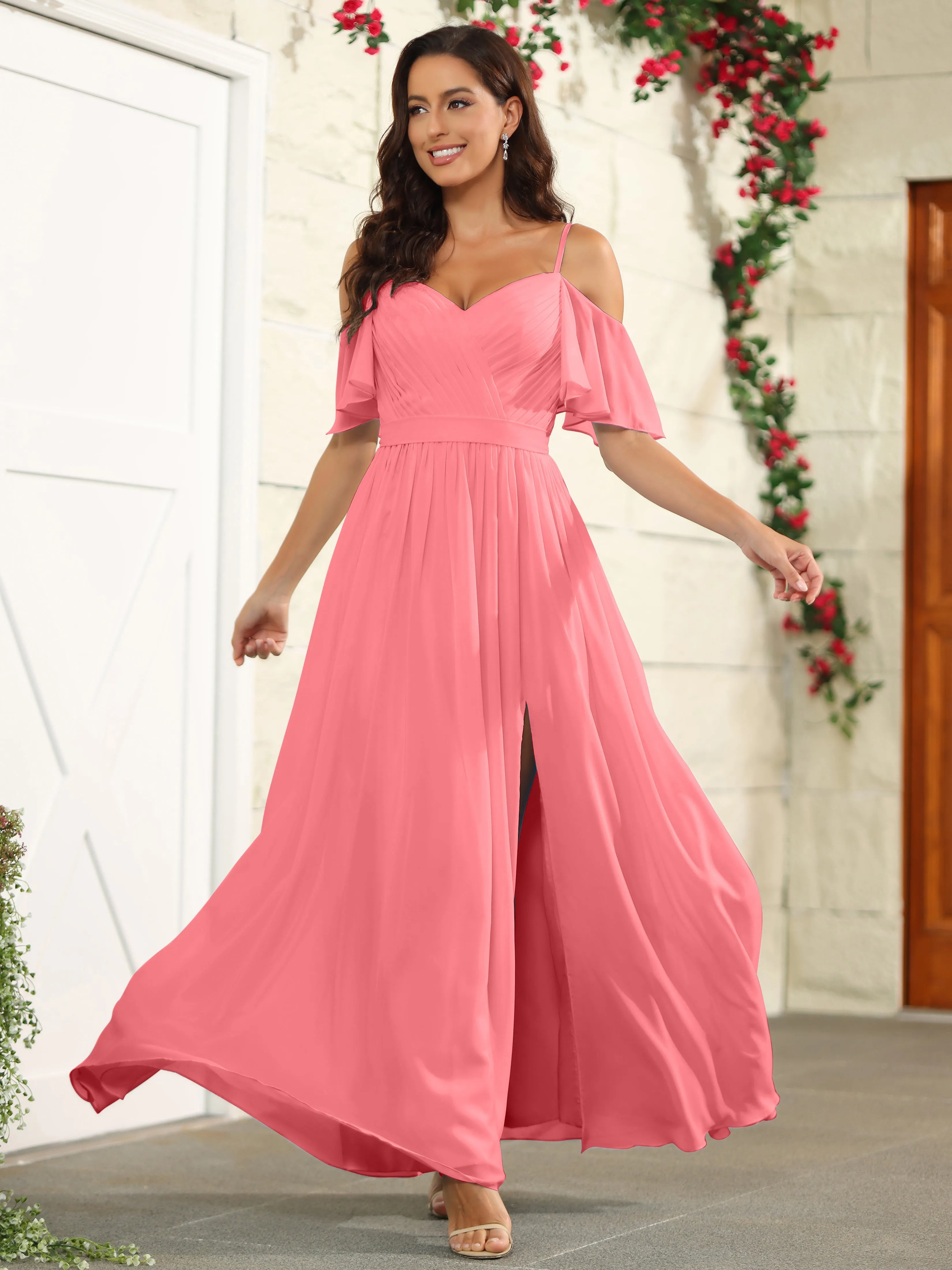 A Line Off The Shoulder Chiffon Long Bridesmaid Dress with Slit