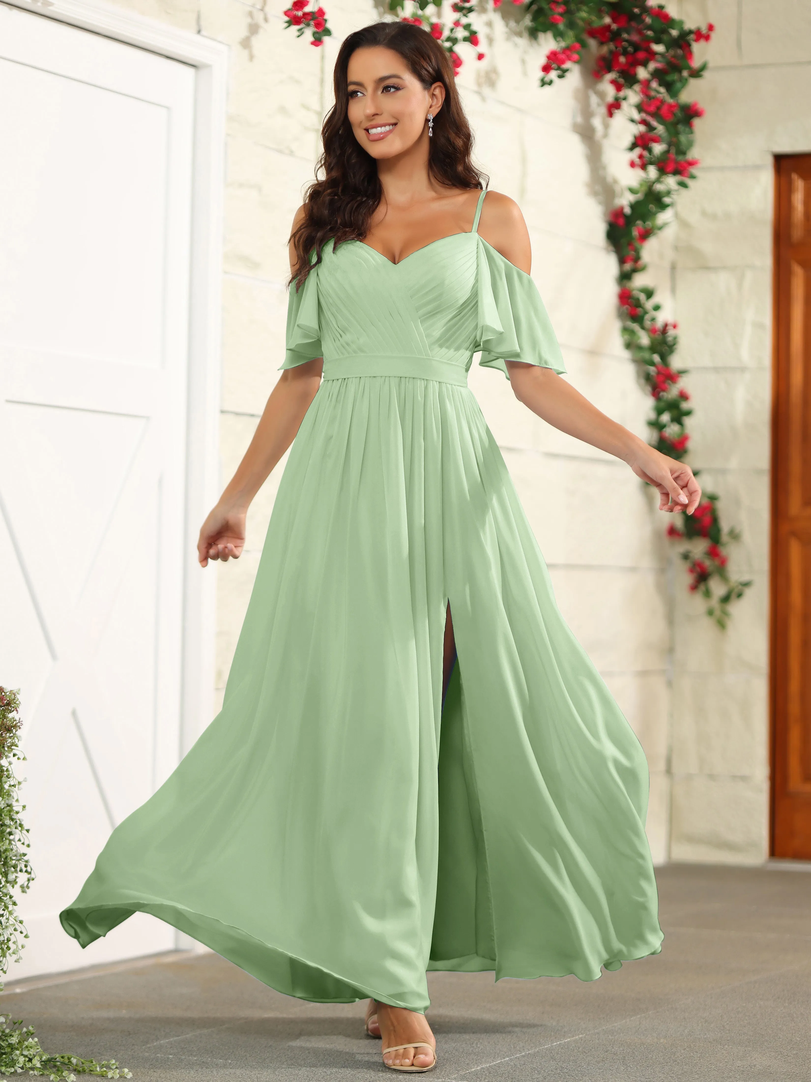 A Line Off The Shoulder Chiffon Long Bridesmaid Dress with Slit