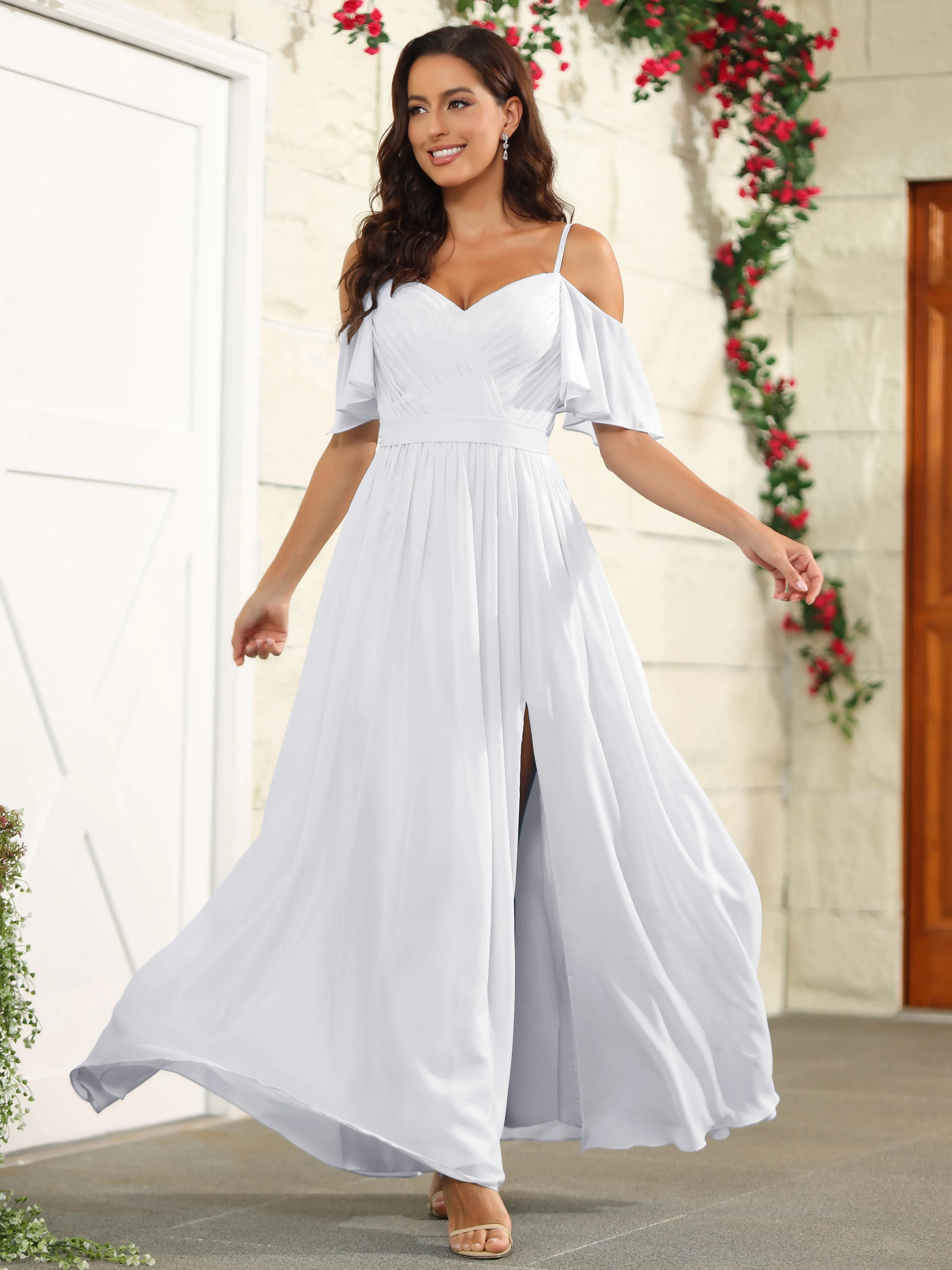 A Line Off The Shoulder Chiffon Long Bridesmaid Dress with Slit