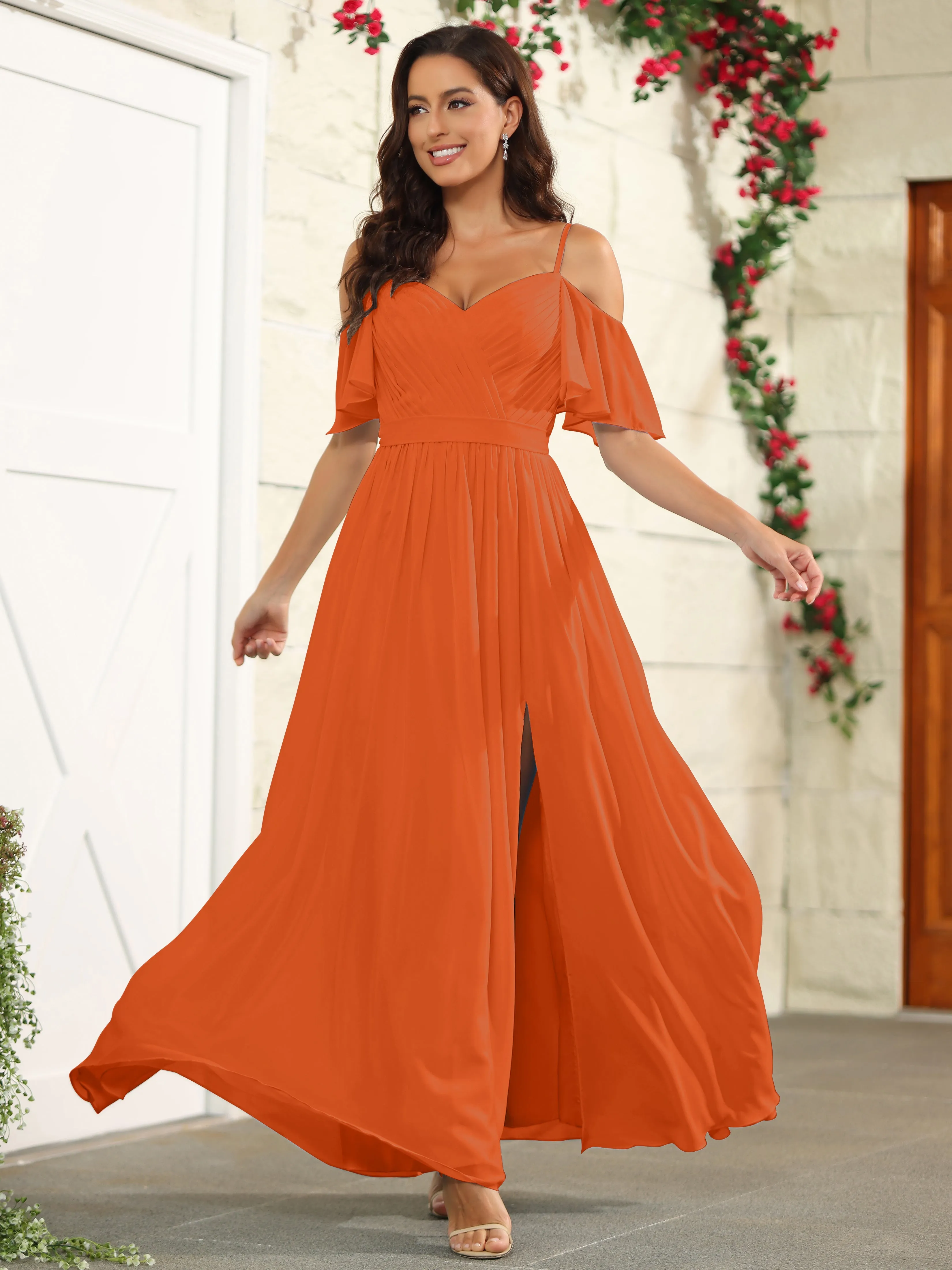 A Line Off The Shoulder Chiffon Long Bridesmaid Dress with Slit