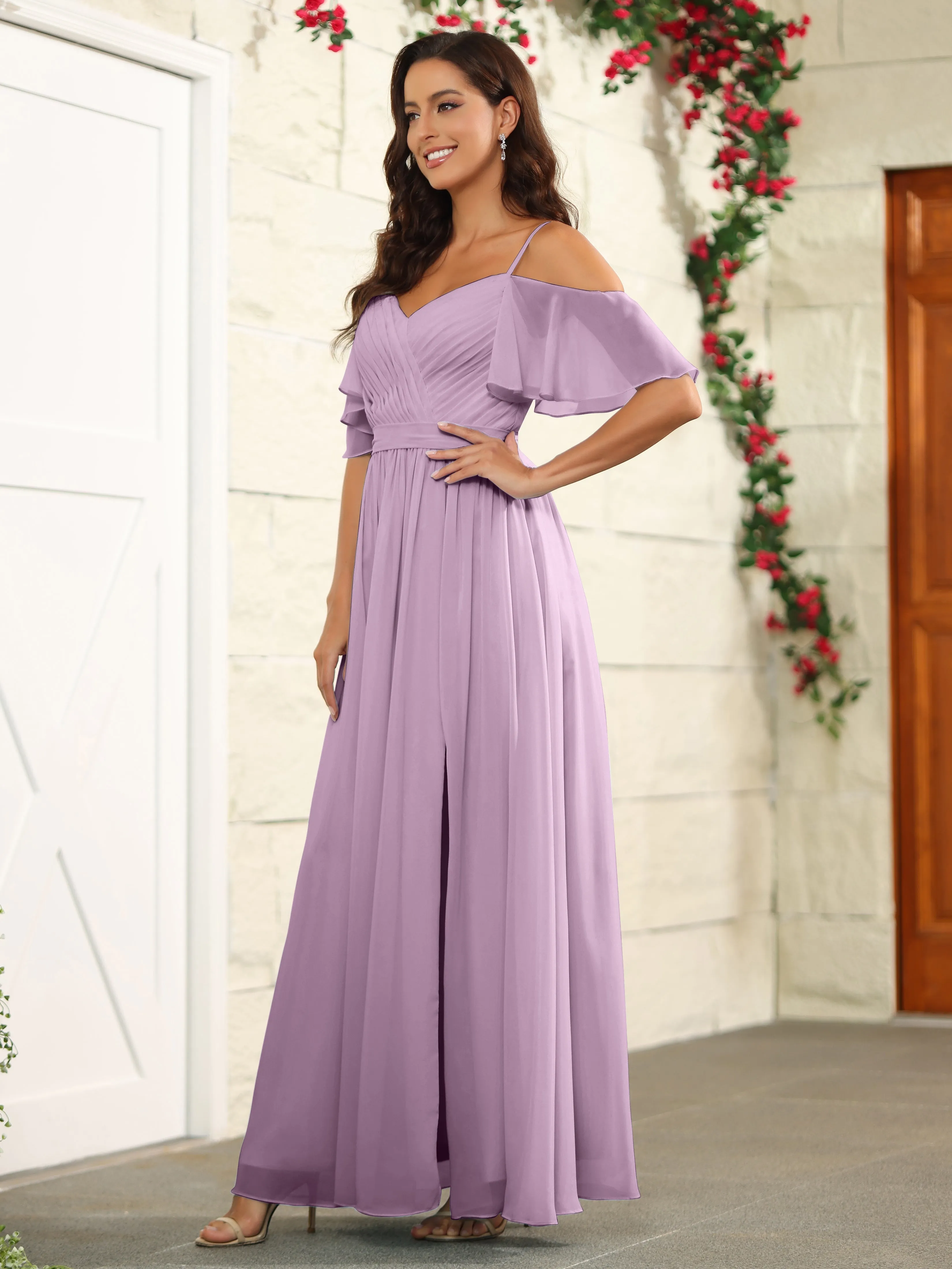 A Line Off The Shoulder Chiffon Long Bridesmaid Dress with Slit