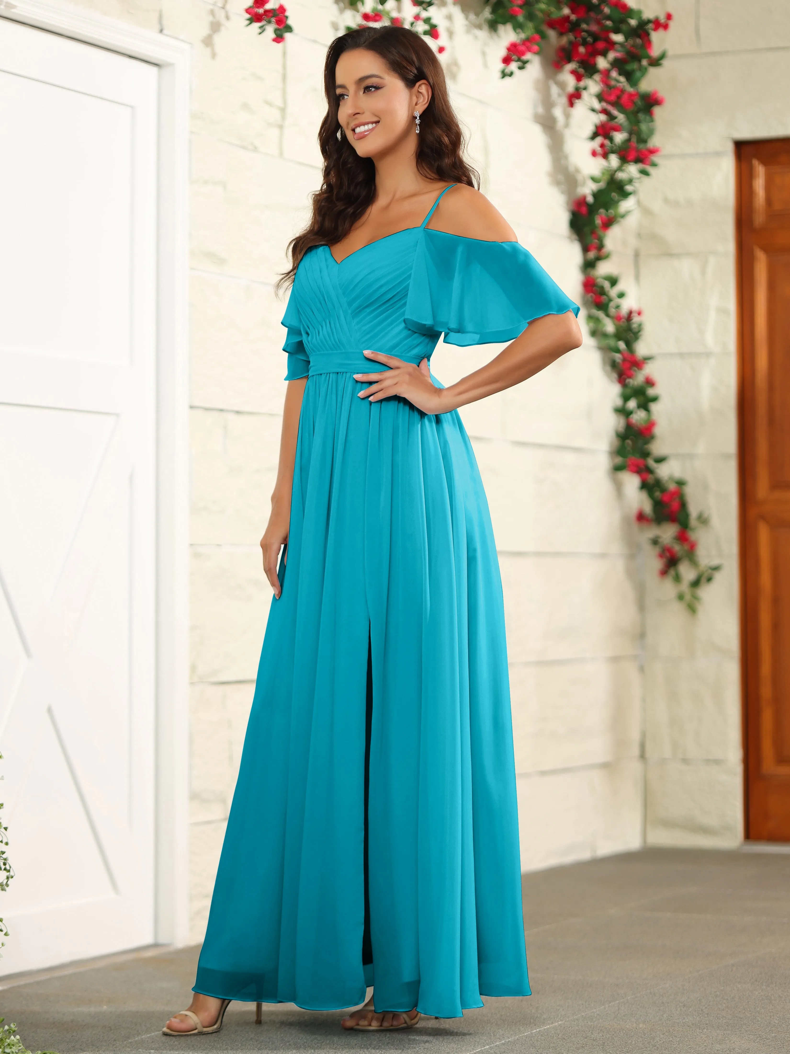 A Line Off The Shoulder Chiffon Long Bridesmaid Dress with Slit