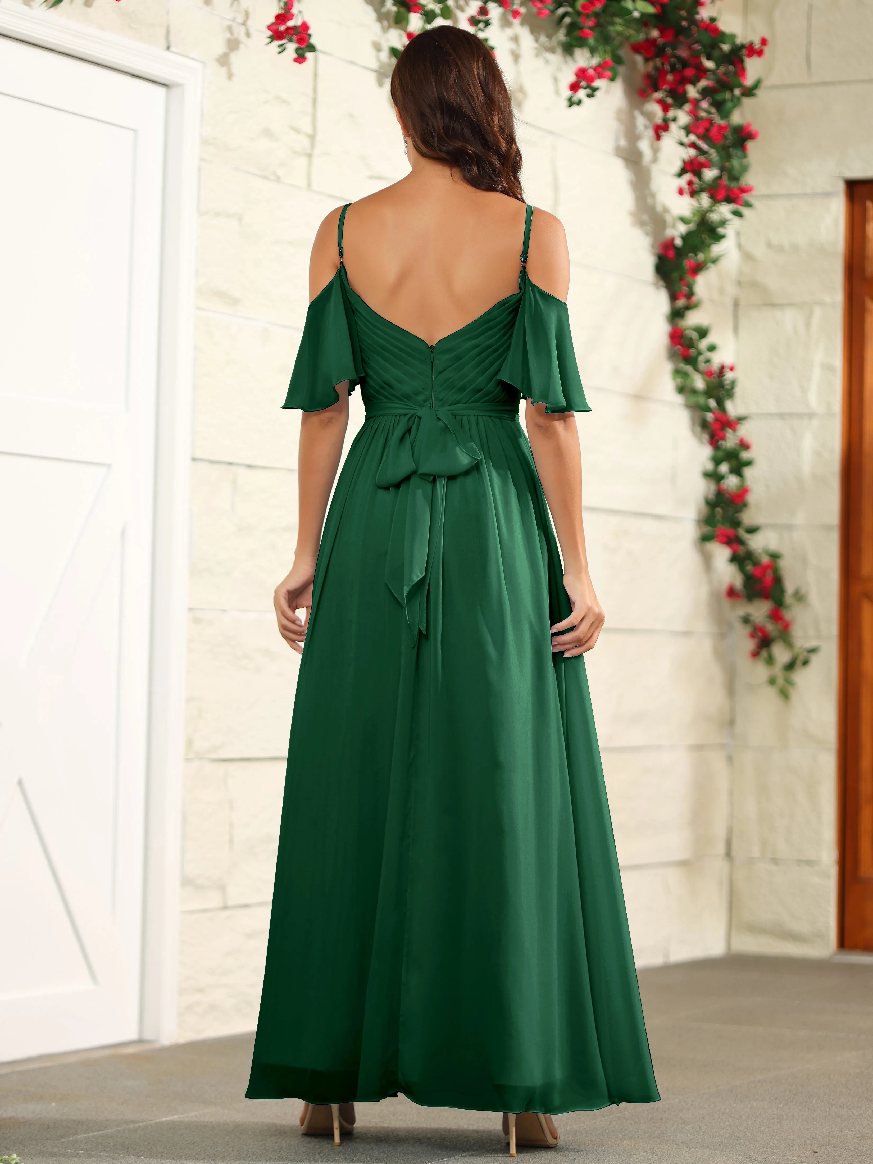 A Line Off The Shoulder Chiffon Long Bridesmaid Dress with Slit