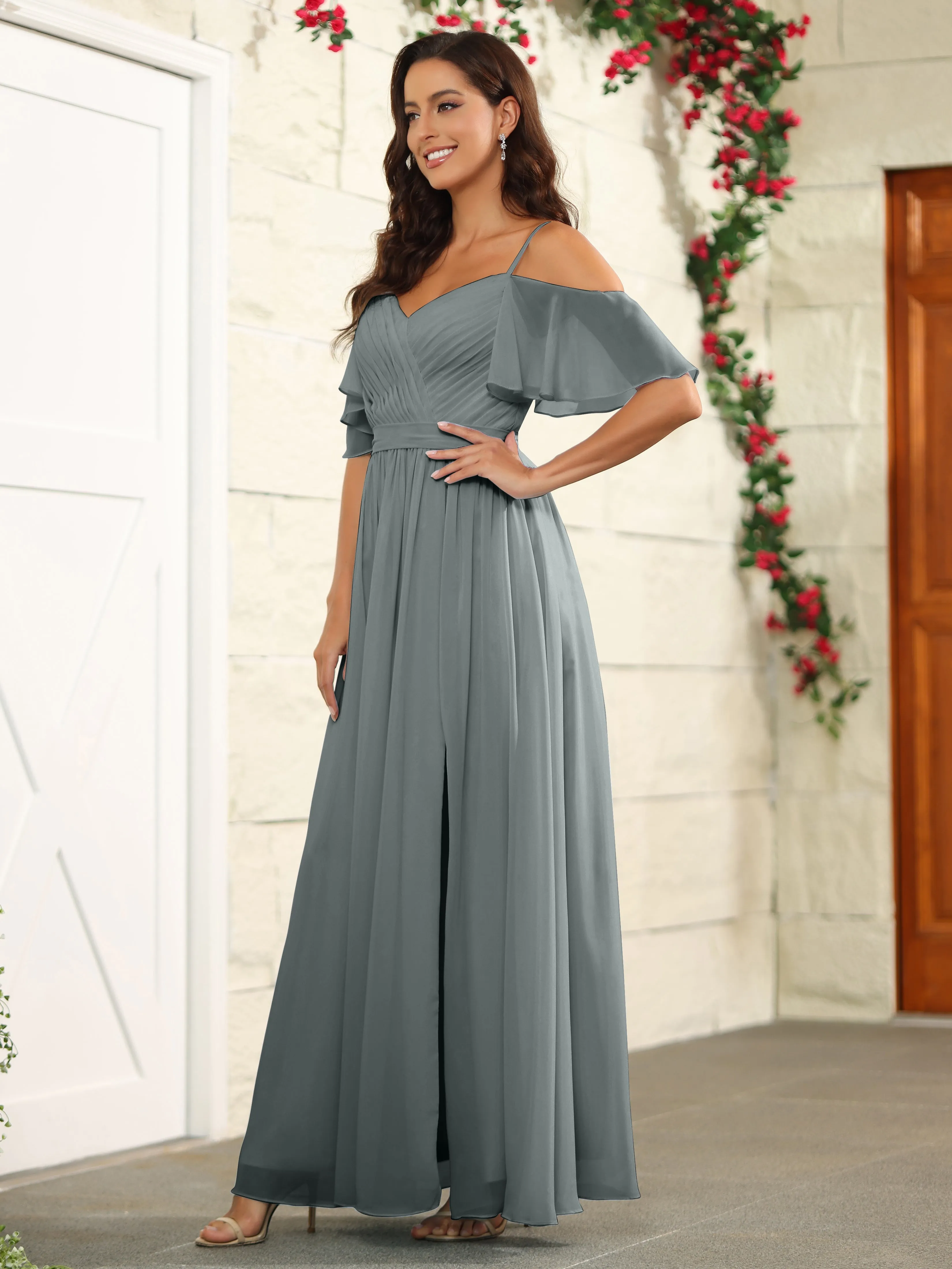 A Line Off The Shoulder Chiffon Long Bridesmaid Dress with Slit