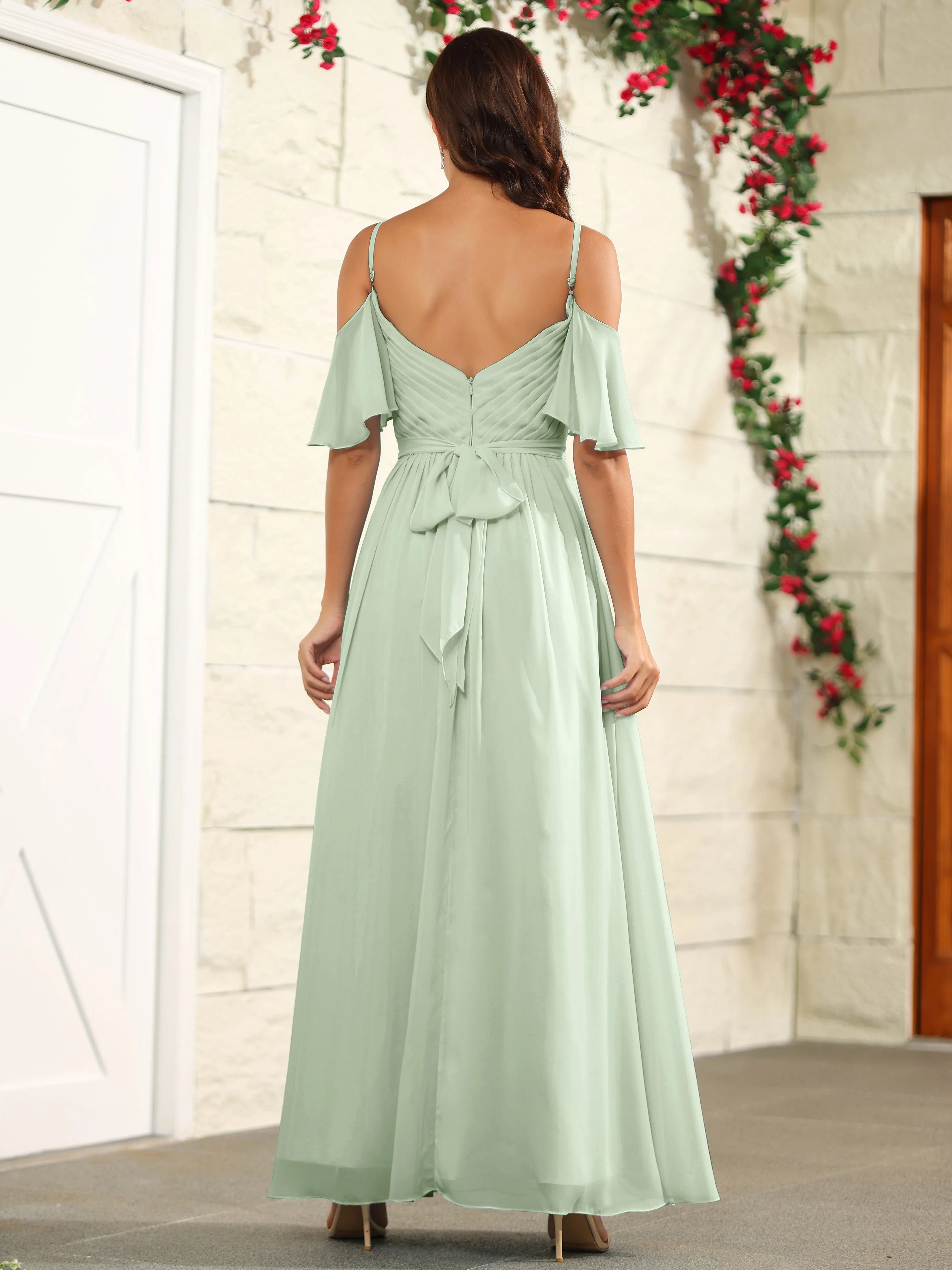 A Line Off The Shoulder Chiffon Long Bridesmaid Dress with Slit