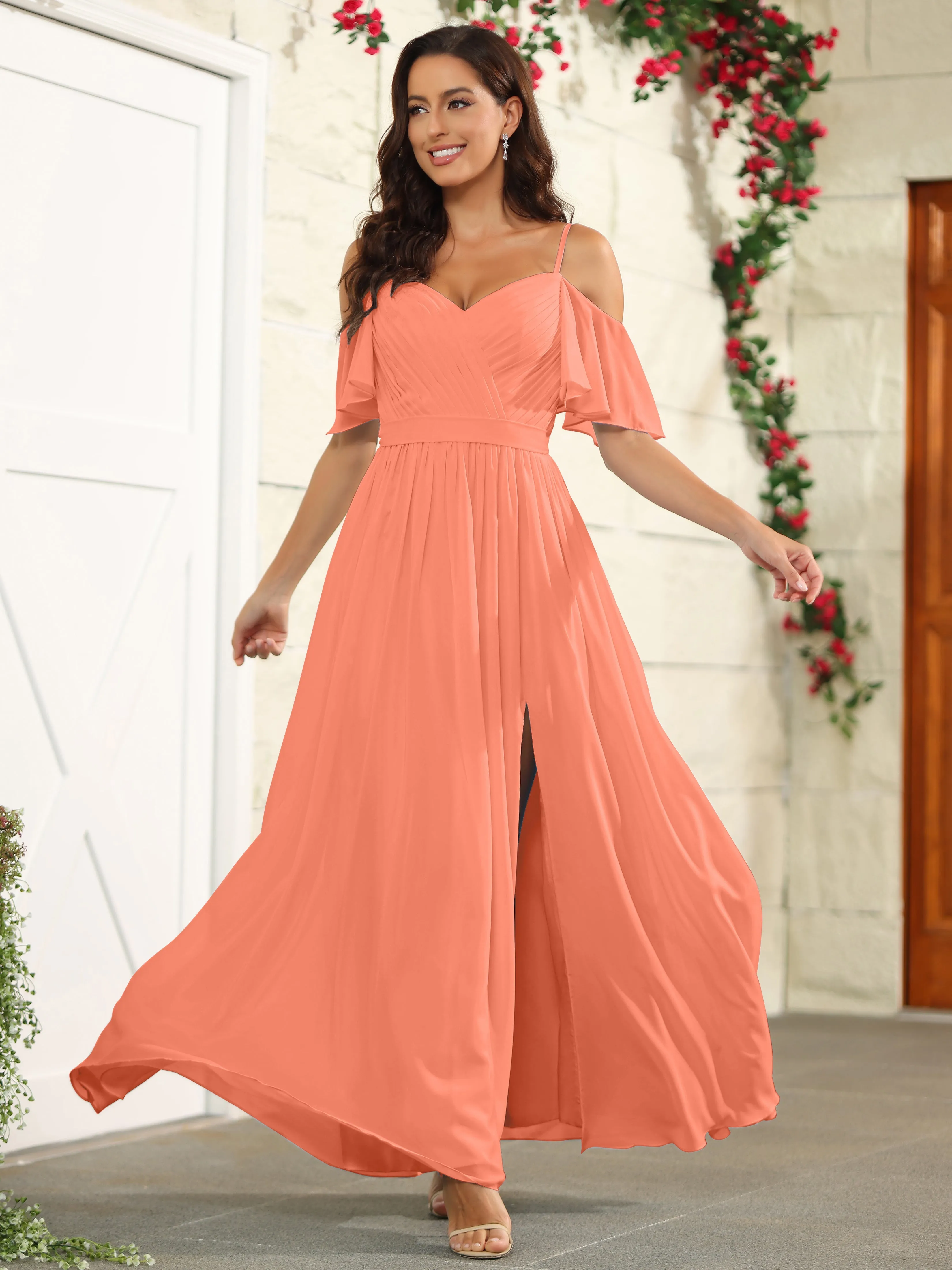 A Line Off The Shoulder Chiffon Long Bridesmaid Dress with Slit