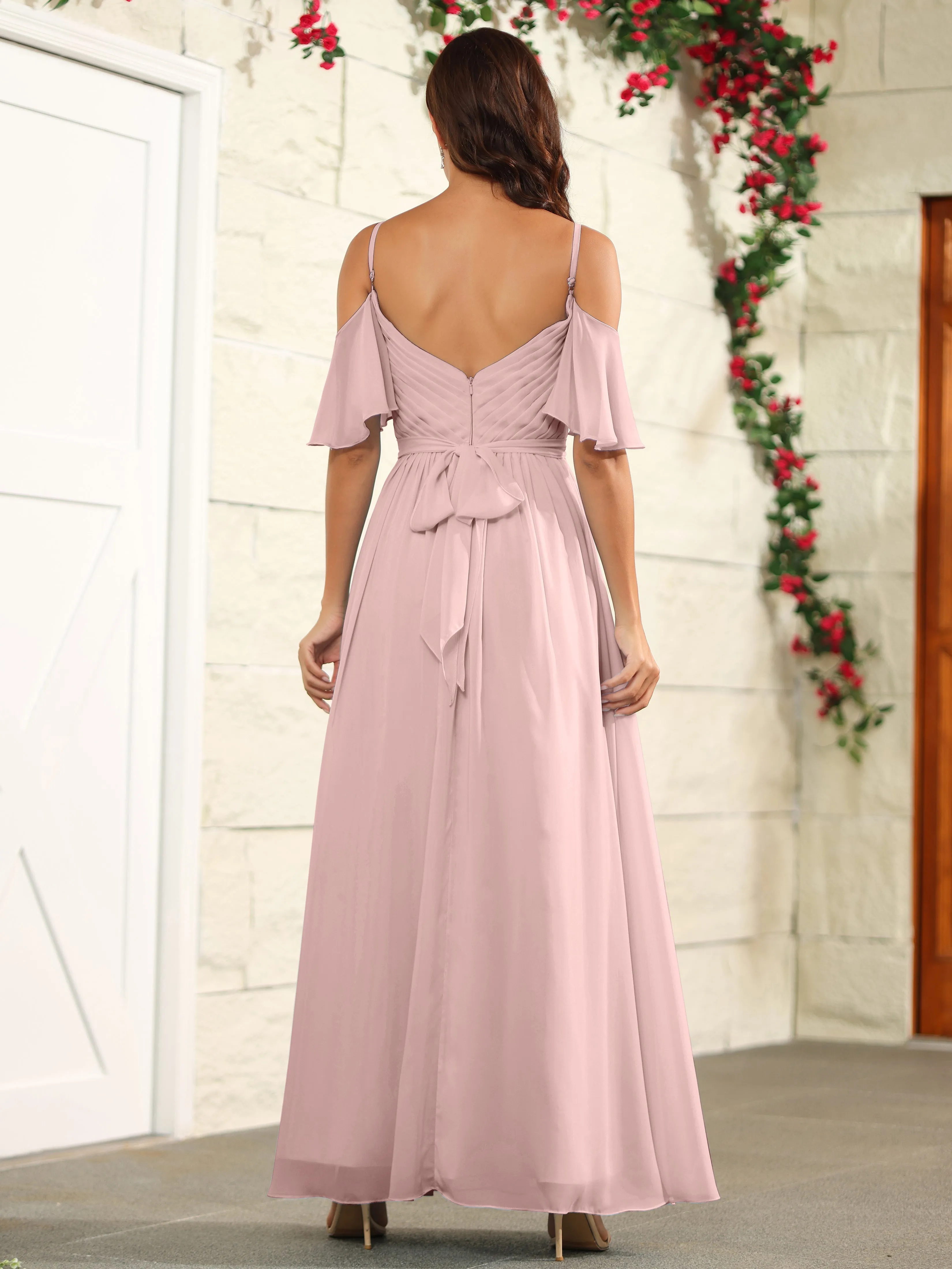 A Line Off The Shoulder Chiffon Long Bridesmaid Dress with Slit
