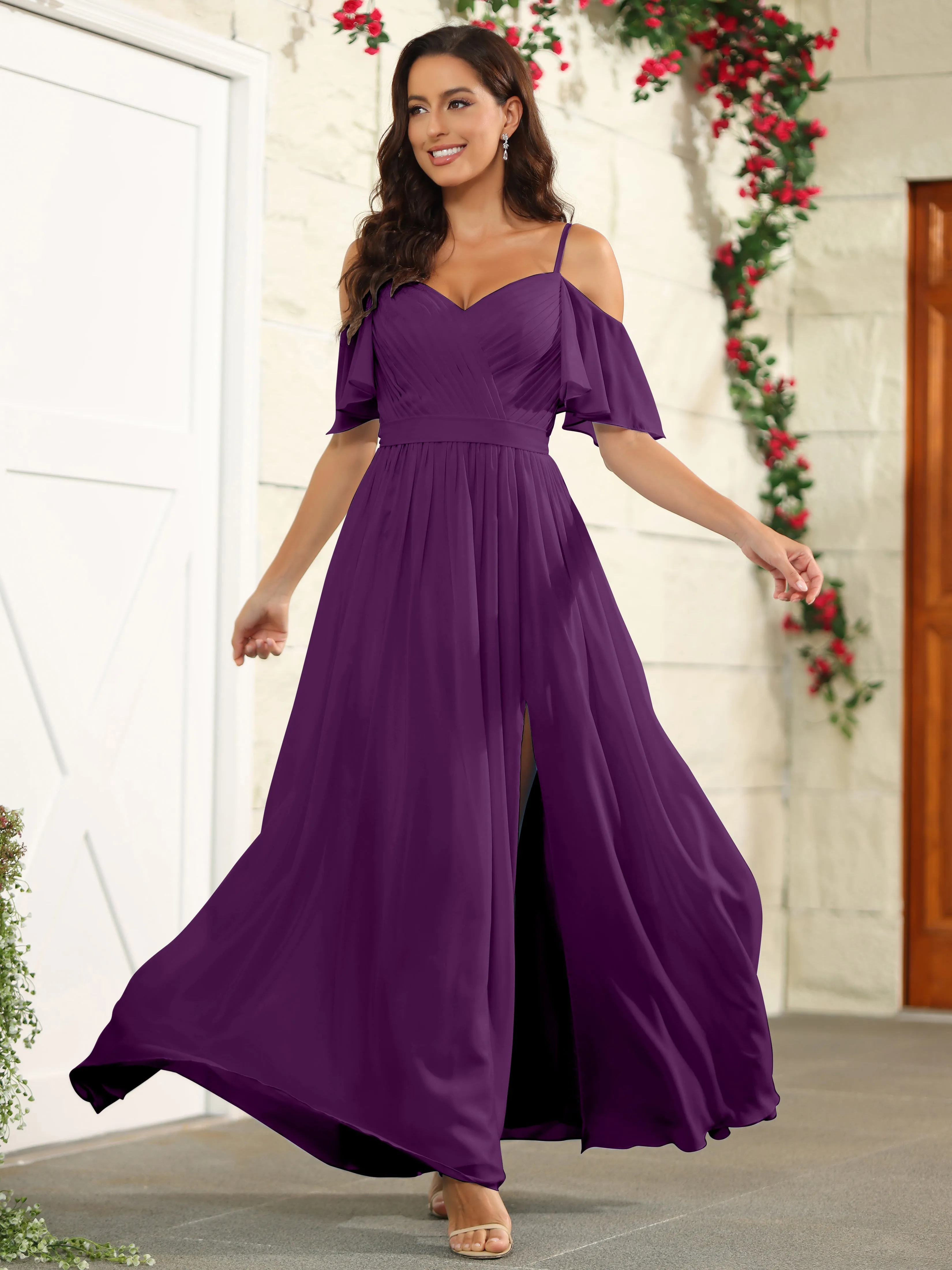 A Line Off The Shoulder Chiffon Long Bridesmaid Dress with Slit