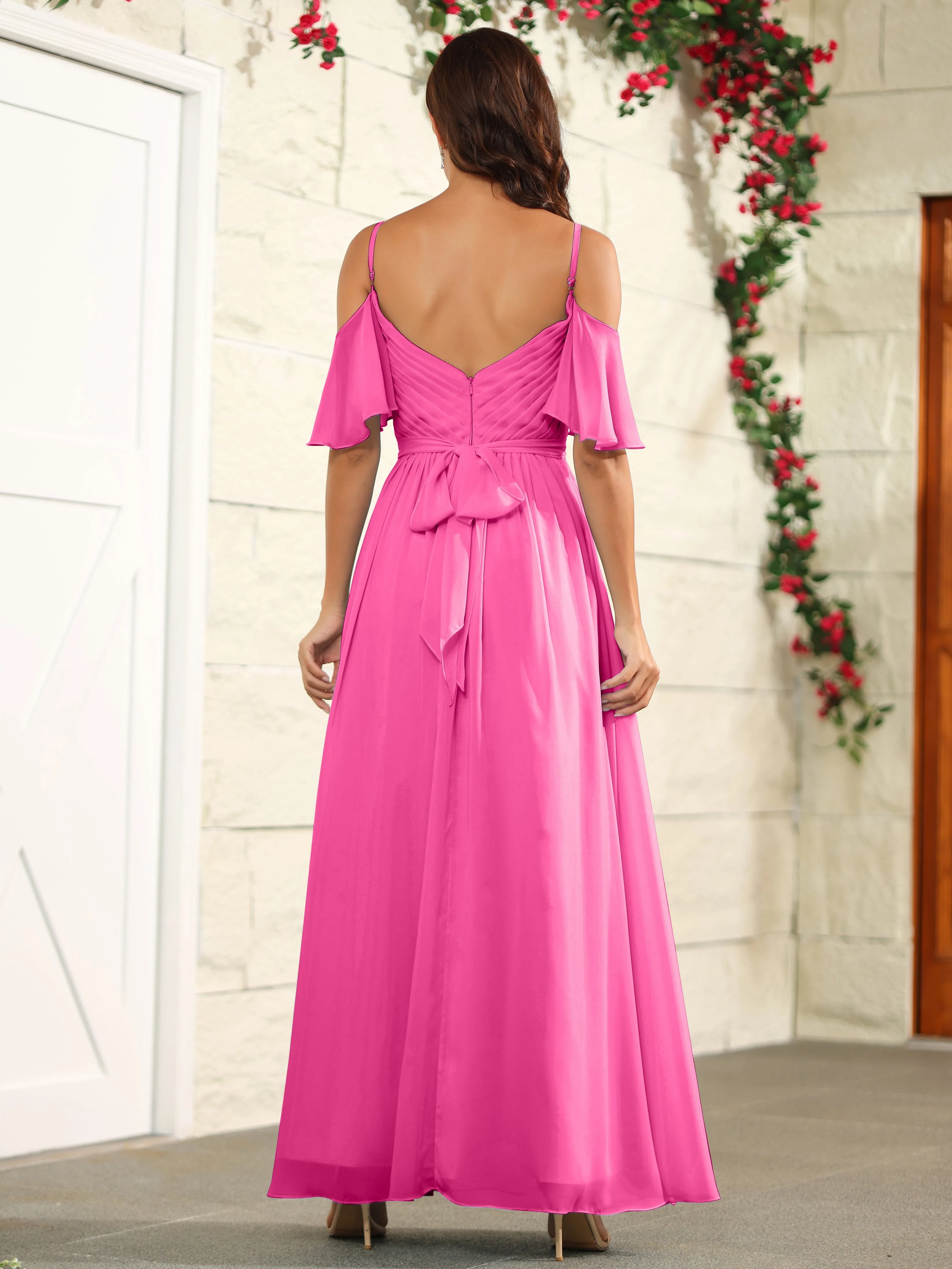 A Line Off The Shoulder Chiffon Long Bridesmaid Dress with Slit