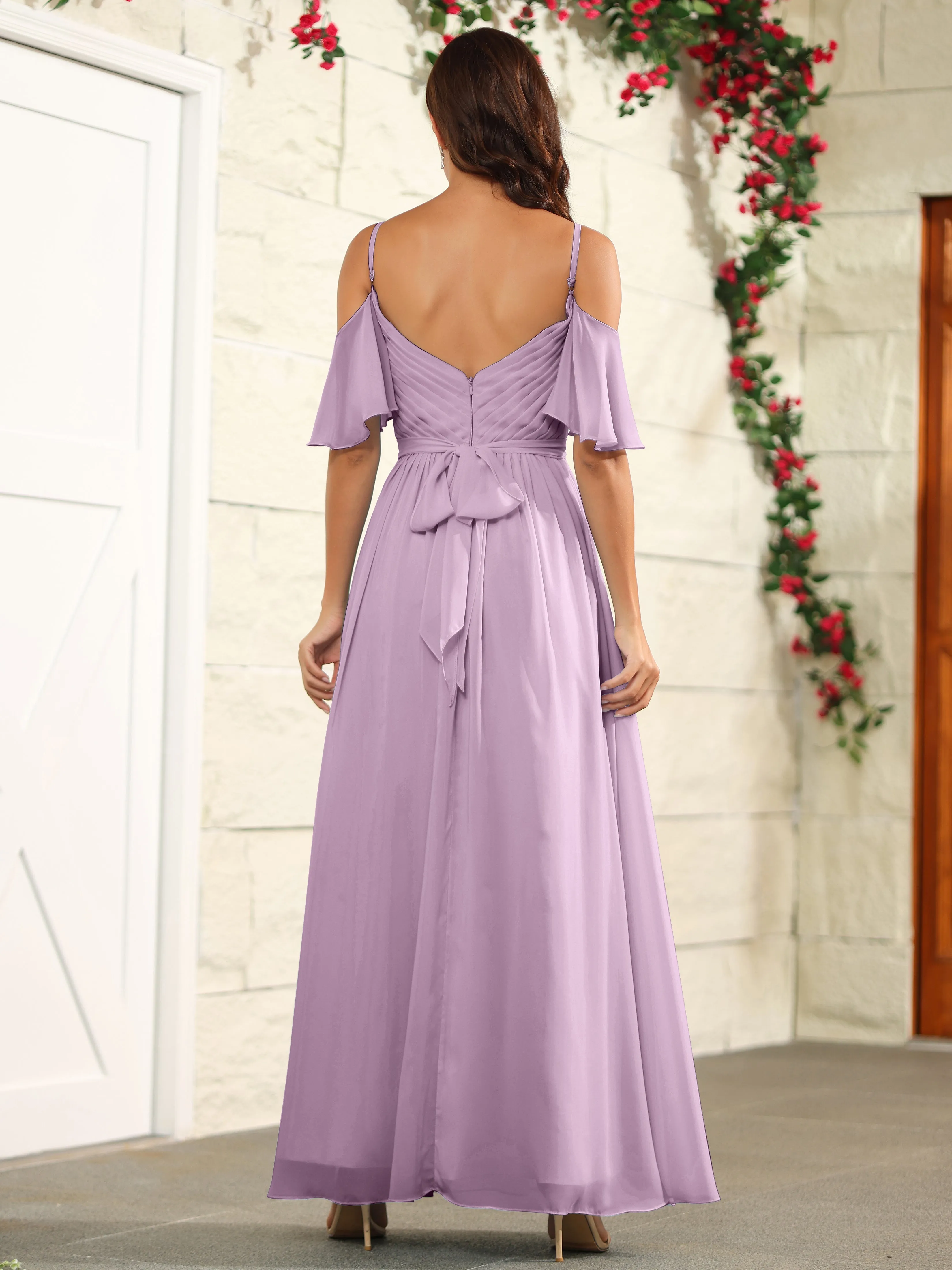 A Line Off The Shoulder Chiffon Long Bridesmaid Dress with Slit