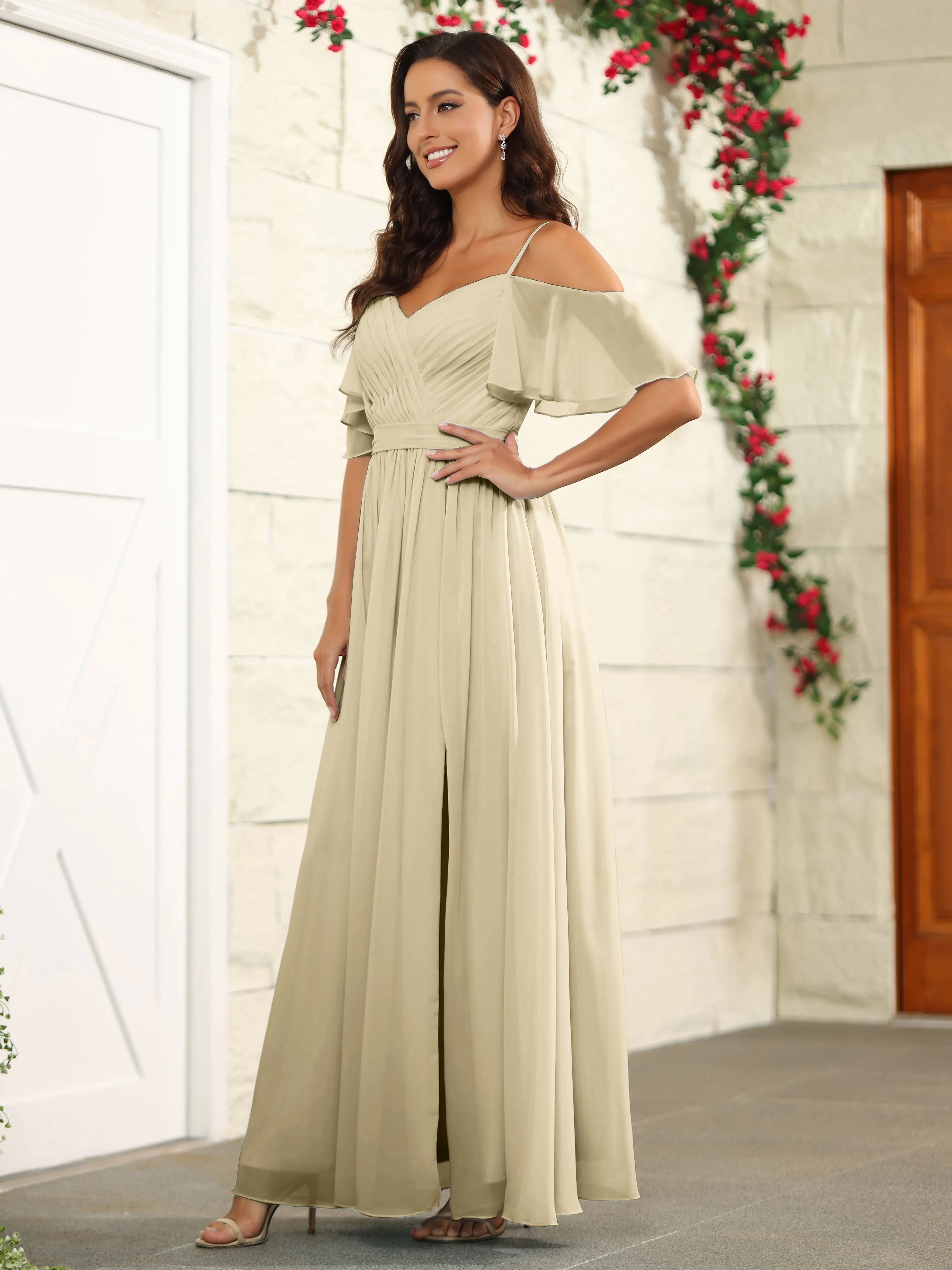 A Line Off The Shoulder Chiffon Long Bridesmaid Dress with Slit