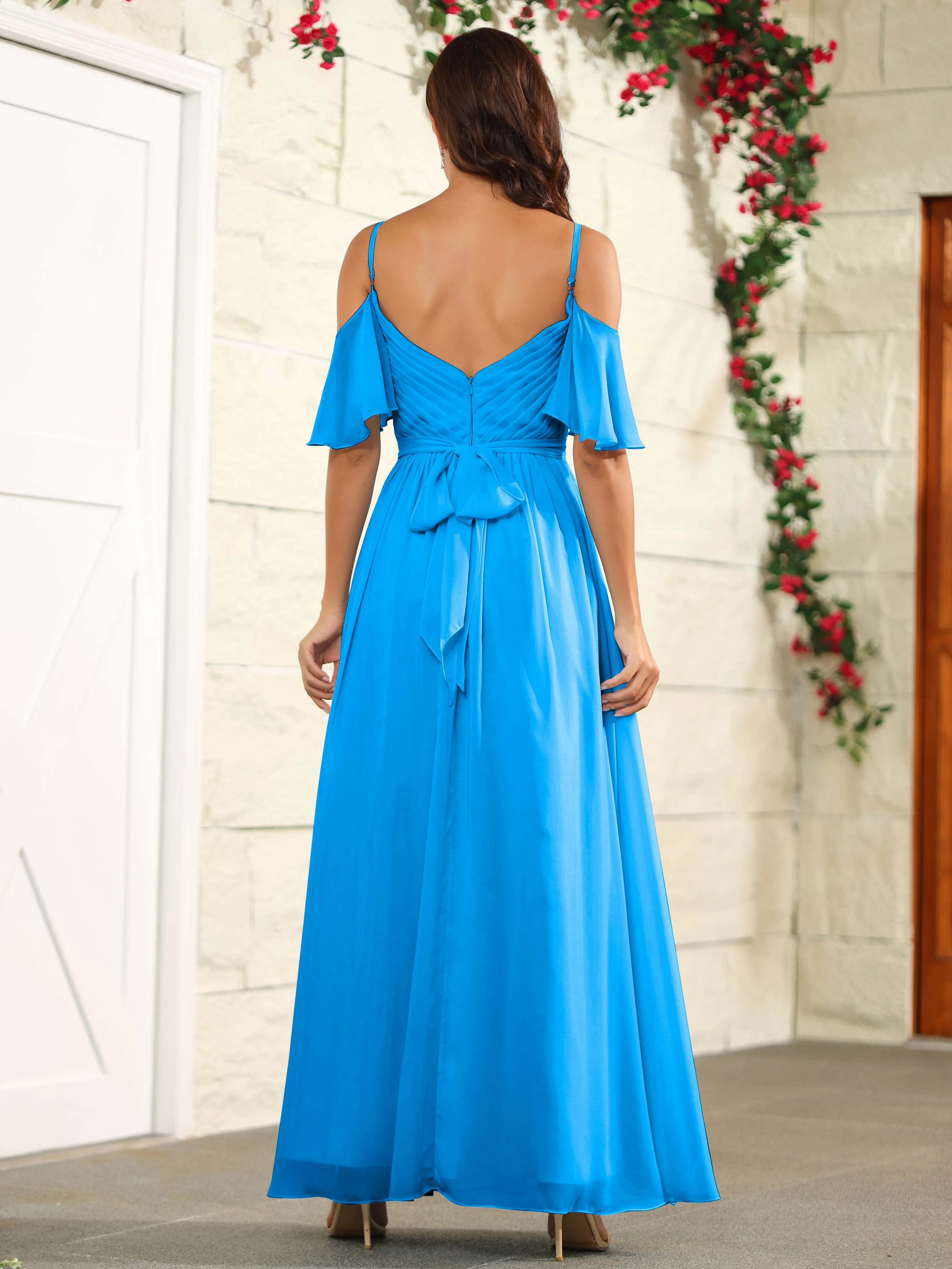 A Line Off The Shoulder Chiffon Long Bridesmaid Dress with Slit